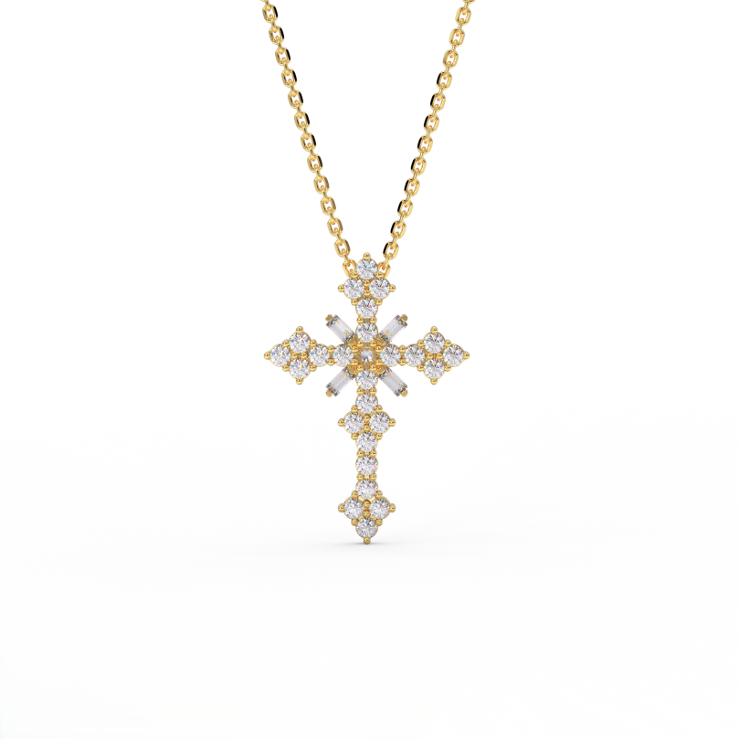 Celestial diamond cluster cross pendant in 14K yellow gold - handcrafted NYC cross necklace