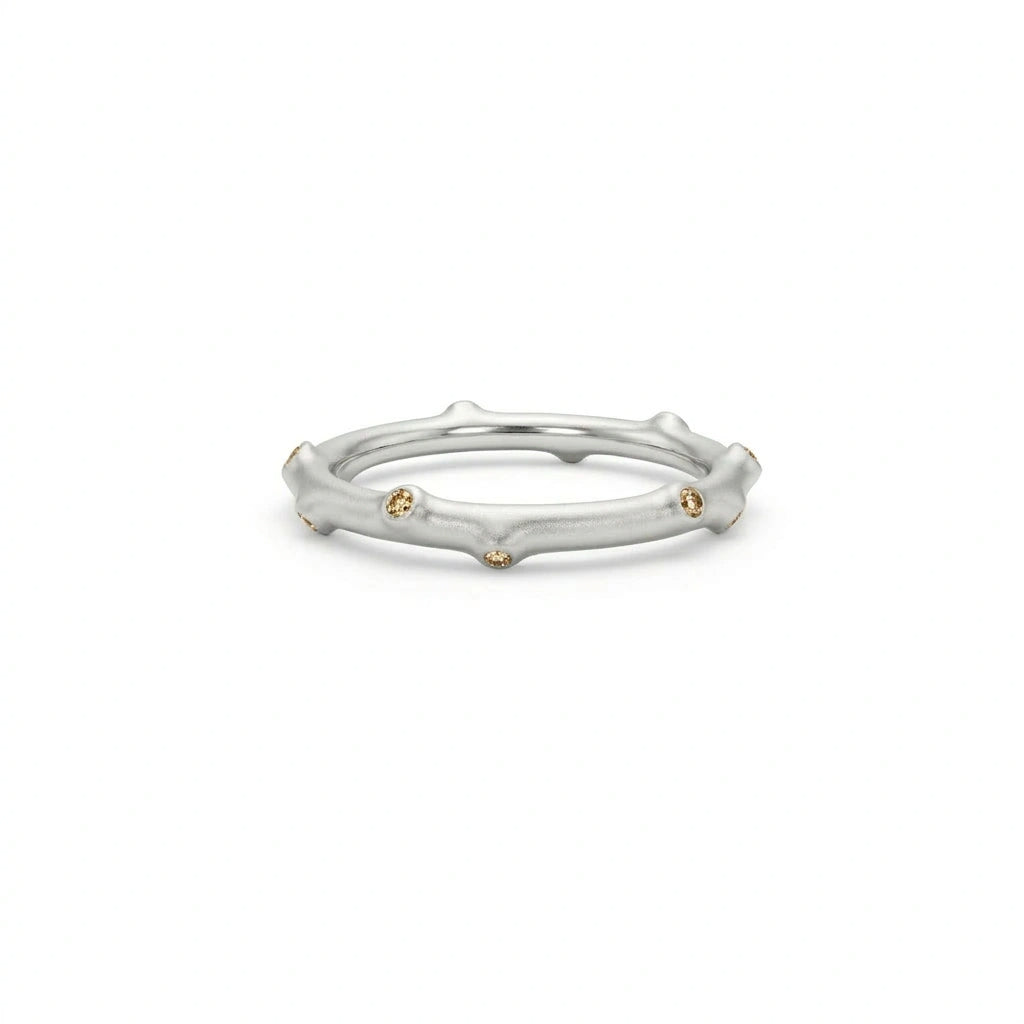 Champagne diamond bamboo ring in 14K rose gold, front view showing organic bamboo profile with natural champagne diamonds — Black Pearl of Queens