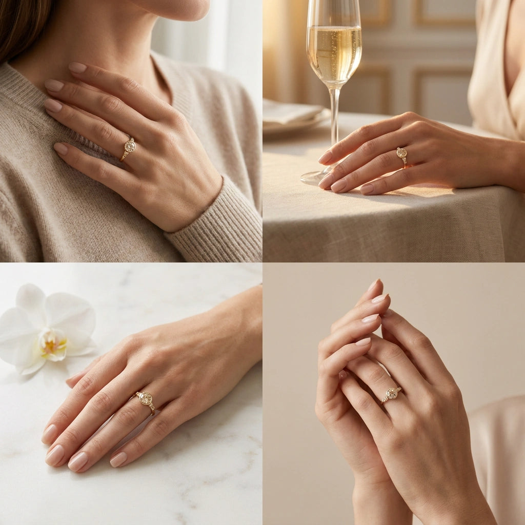 Champagne diamond bezel engagement ring worn on hand in four everyday settings