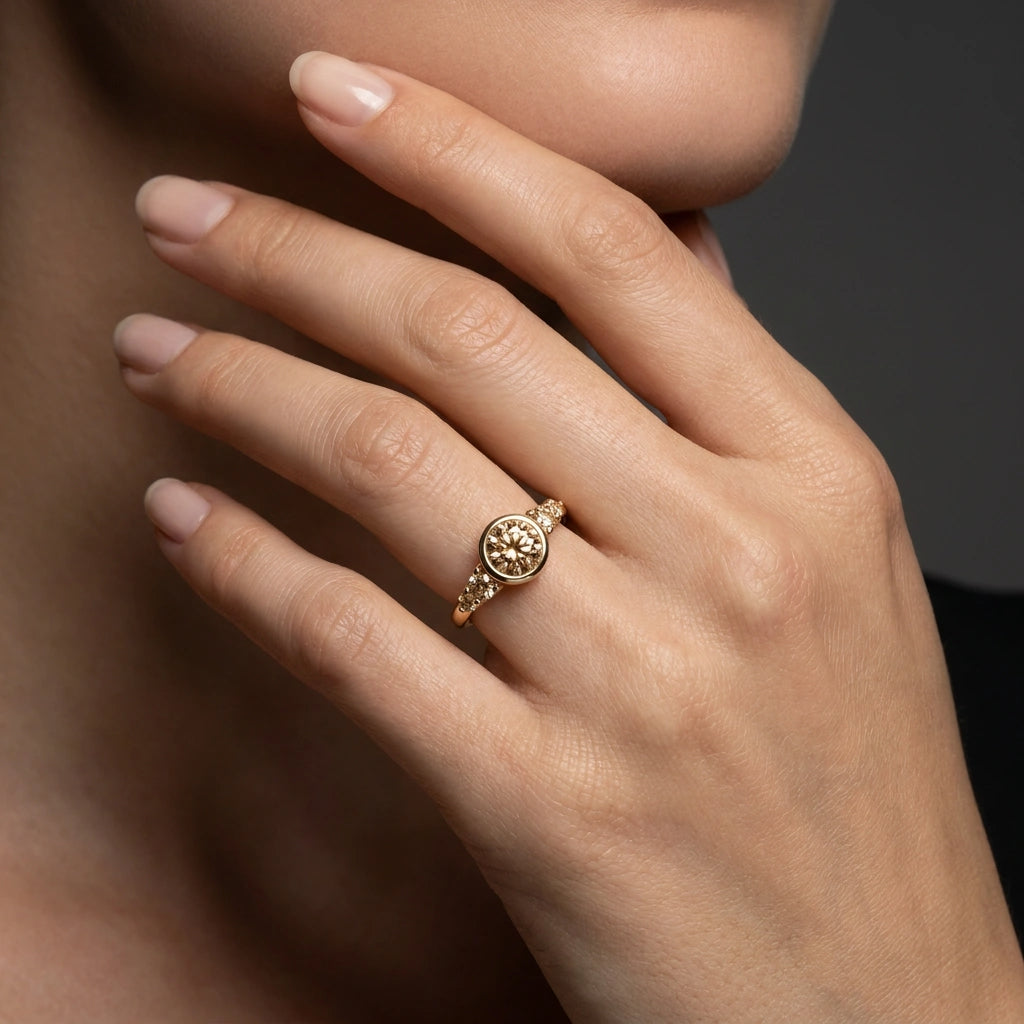 Natural champagne diamond bezel engagement ring on hand, warm honeyed stone close-up
