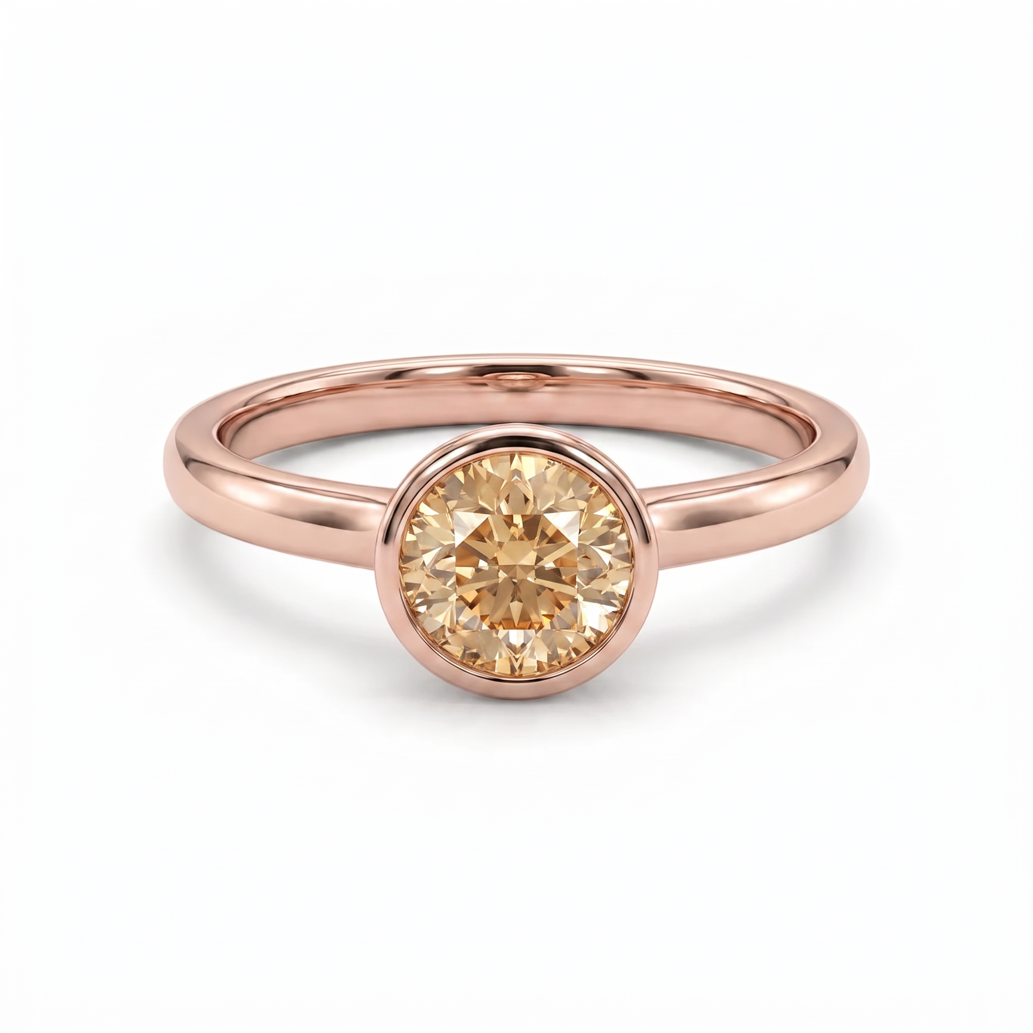 Natural Champagne Diamond bezel solitaire engagement ring in 14K rose gold, front view on white
