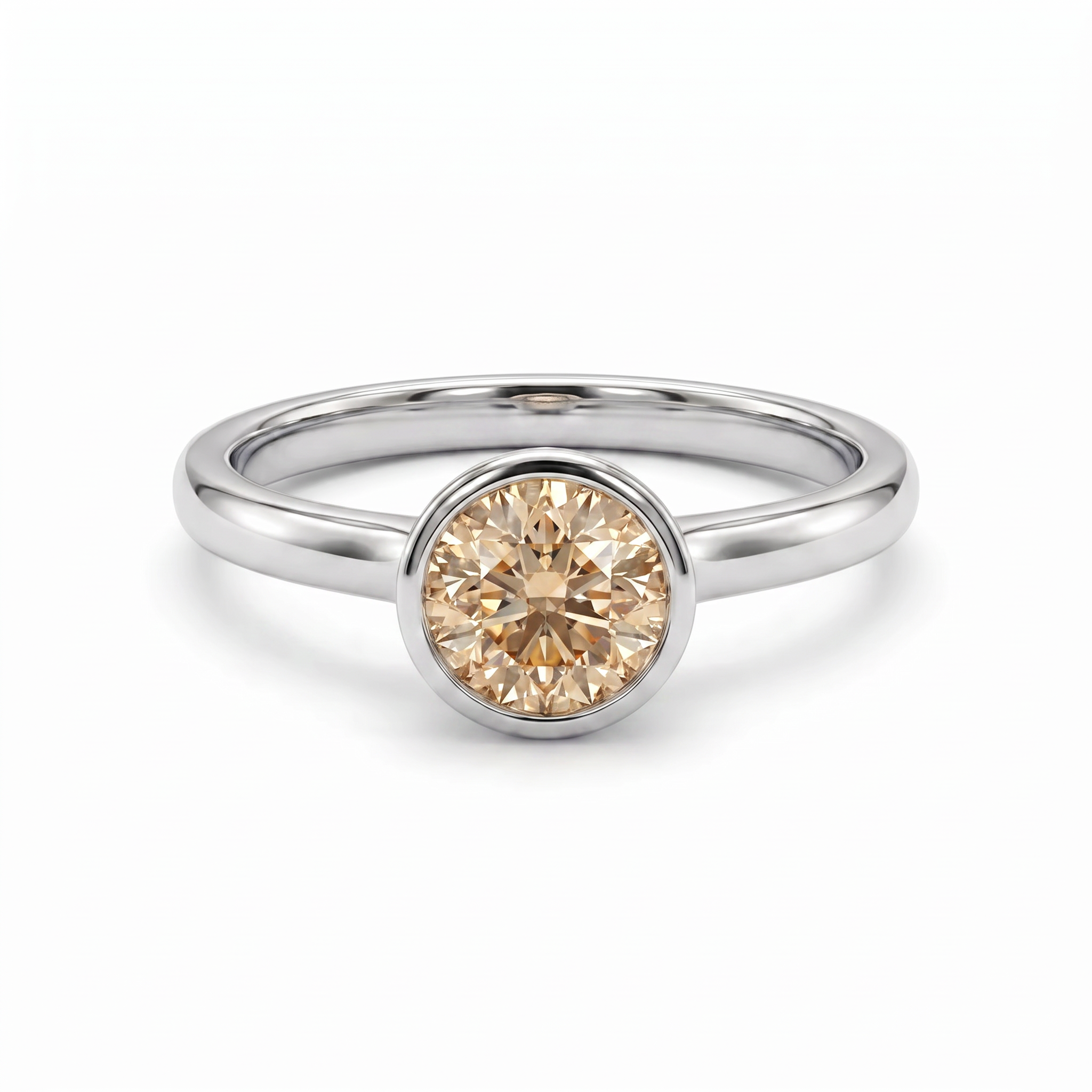 Natural Champagne Diamond bezel solitaire engagement ring in 14K white gold, front view on white