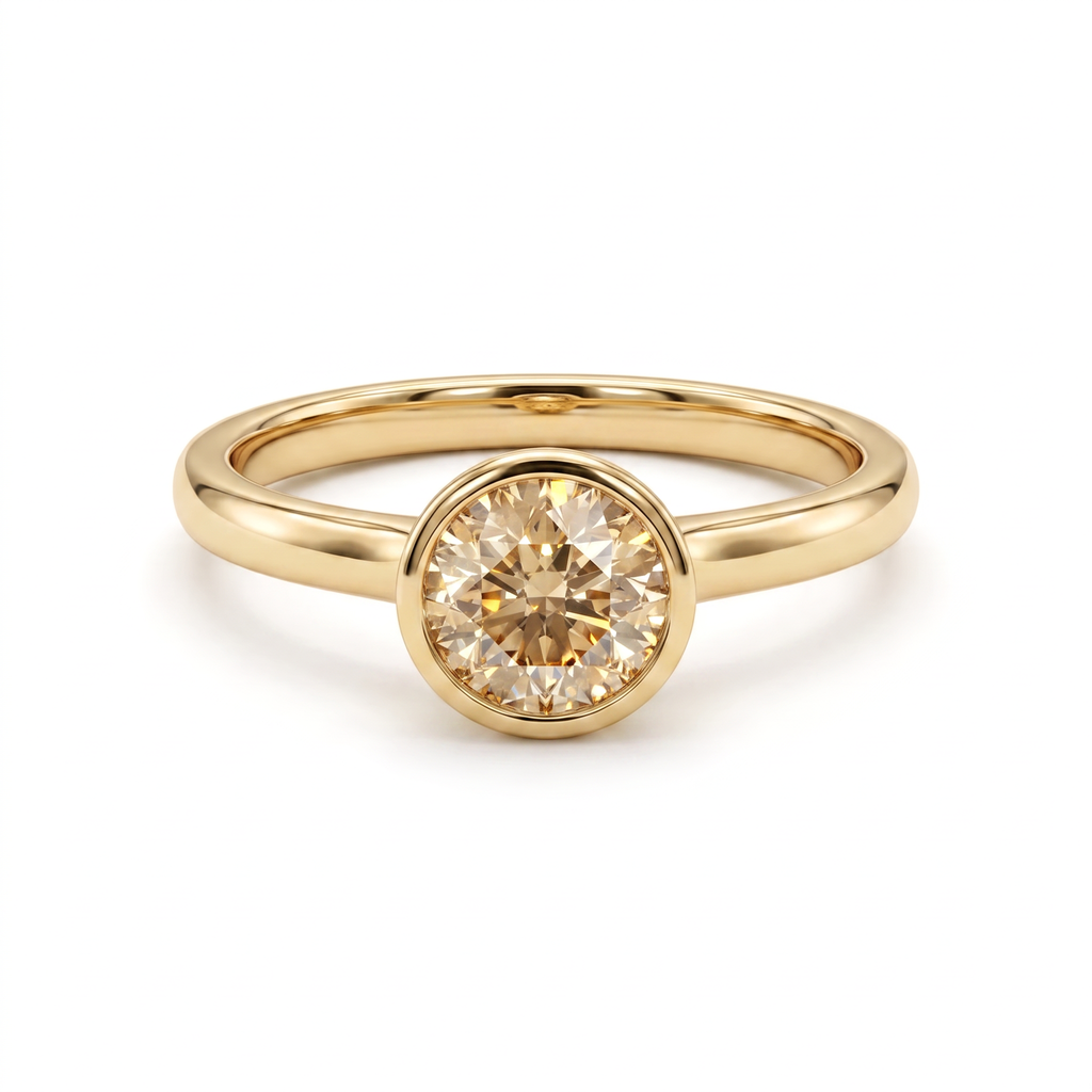 Natural Champagne Diamond bezel solitaire engagement ring in 14K yellow gold, front view on white