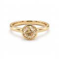 Natural Champagne Diamond bezel solitaire engagement ring in 14K yellow gold, front view on white