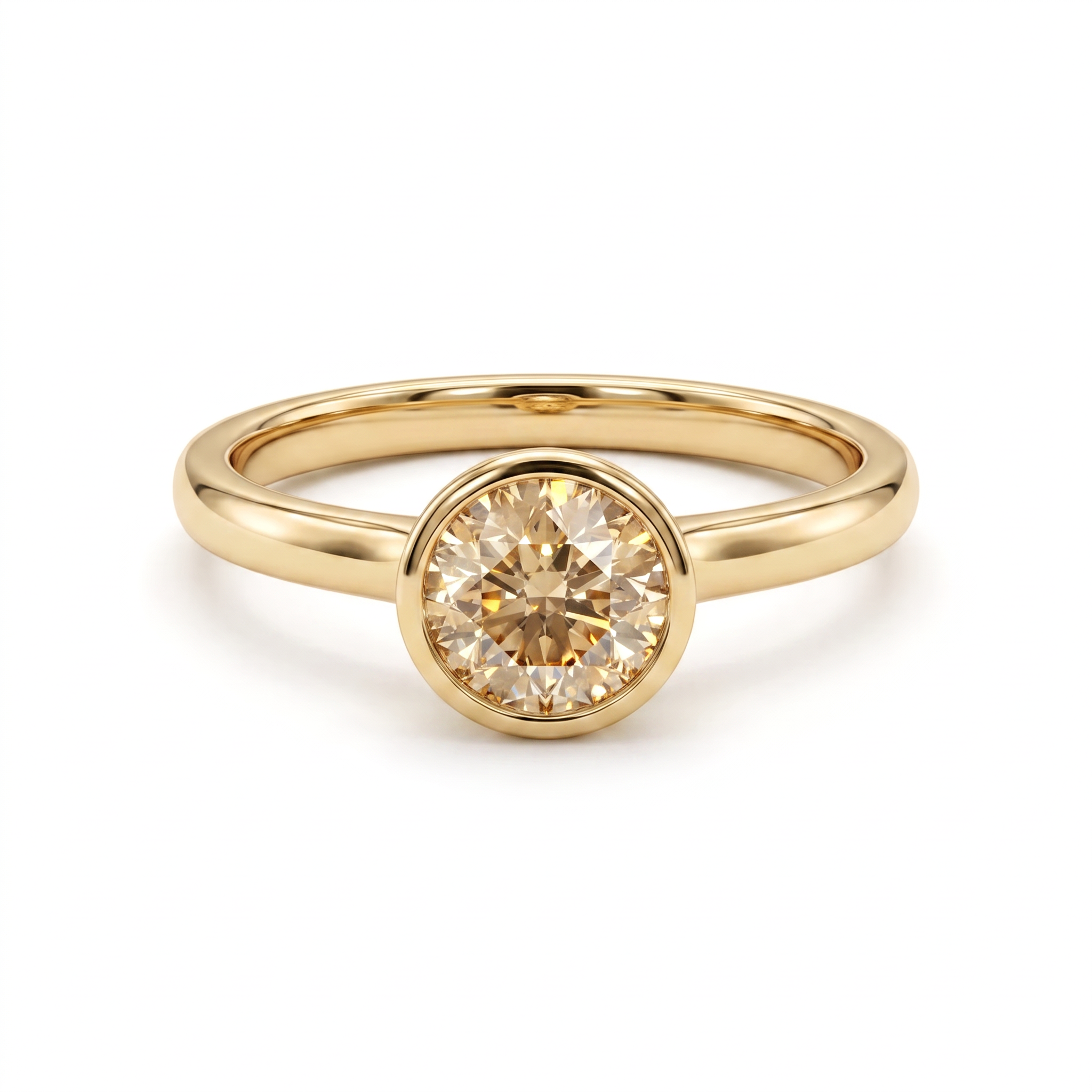 Natural Champagne Diamond bezel solitaire engagement ring in 14K yellow gold, front view on white