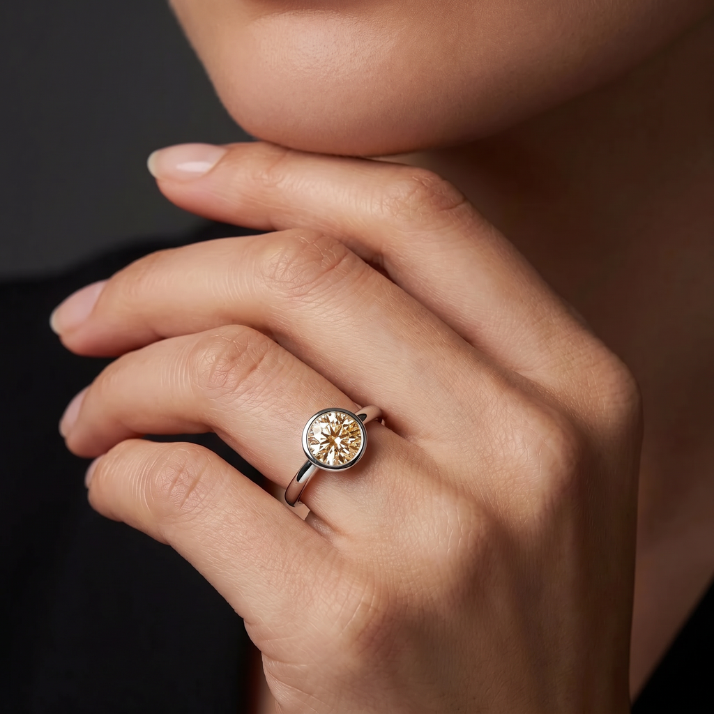 Champagne diamond bezel solitaire engagement ring worn on the ring finger, showing how low the bezel sits against the hand