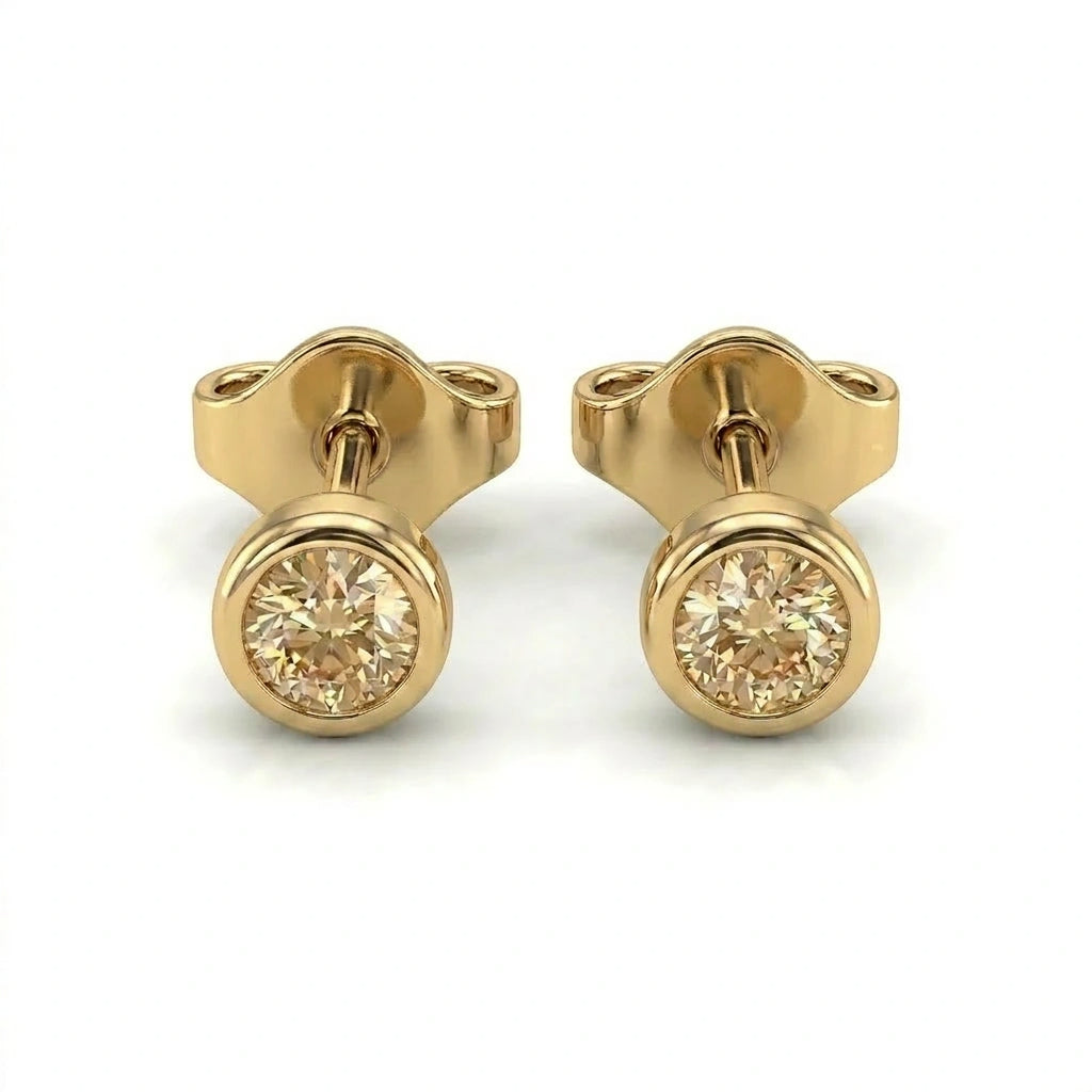 Natural champagne diamond bezel stud earrings in 14K rose gold — pair product view on white background