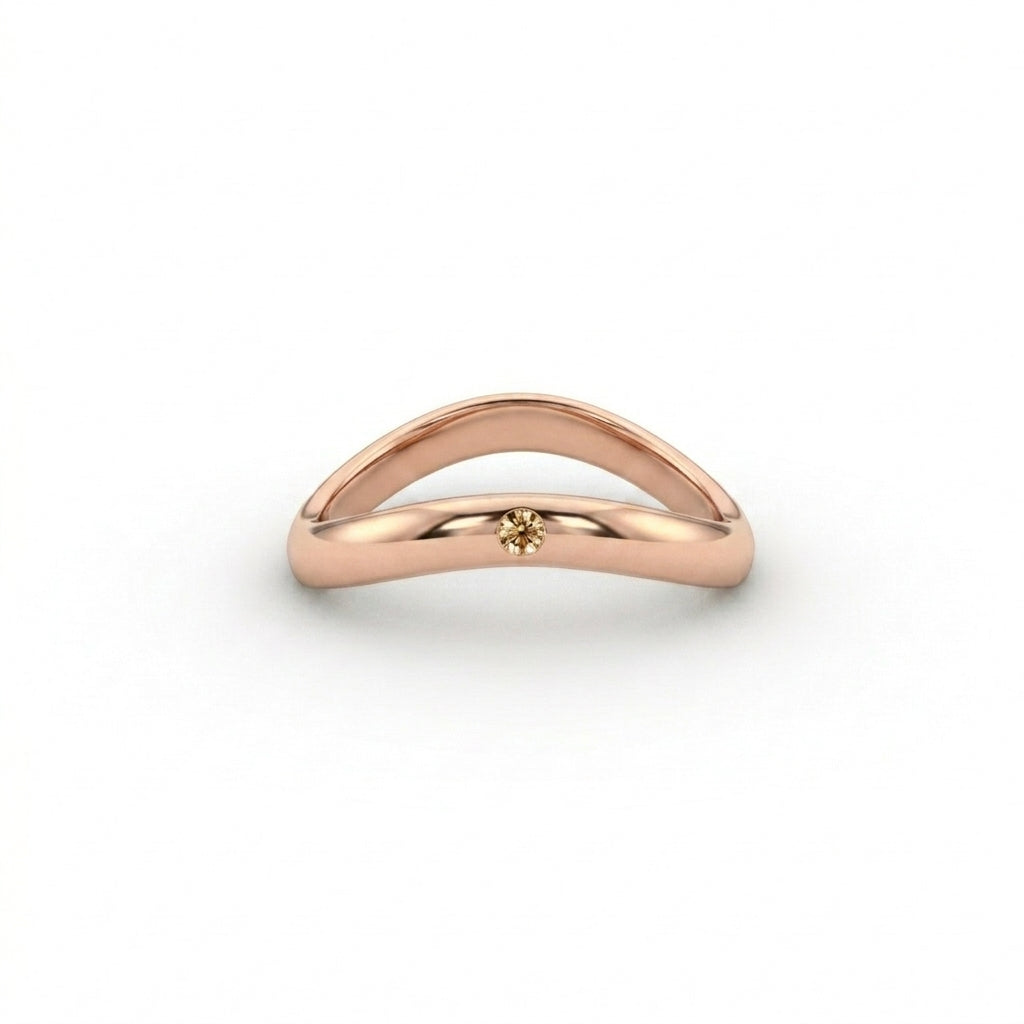 Champagne diamond curved wedding band in 14K rose gold, flush-set natural champagne diamond contour band