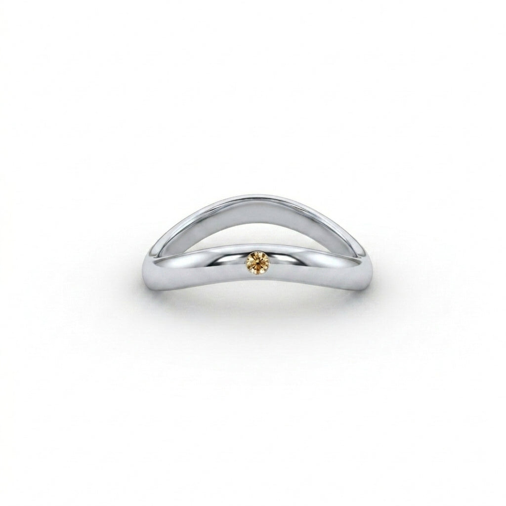 Champagne diamond curved wedding band in 14K white gold, flush-set natural champagne diamond contour band