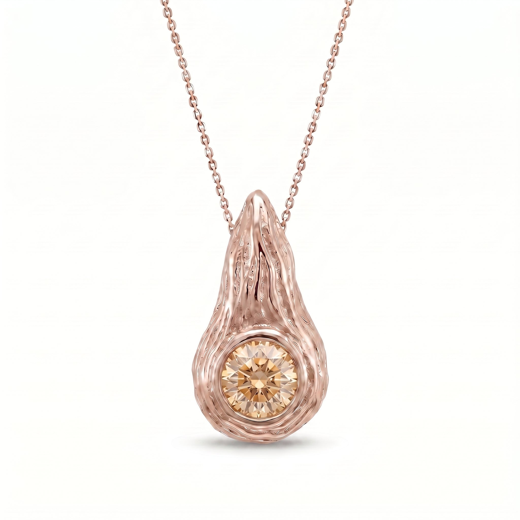 Champagne diamond Ember pendant in 14K rose gold, hand-carved flame design