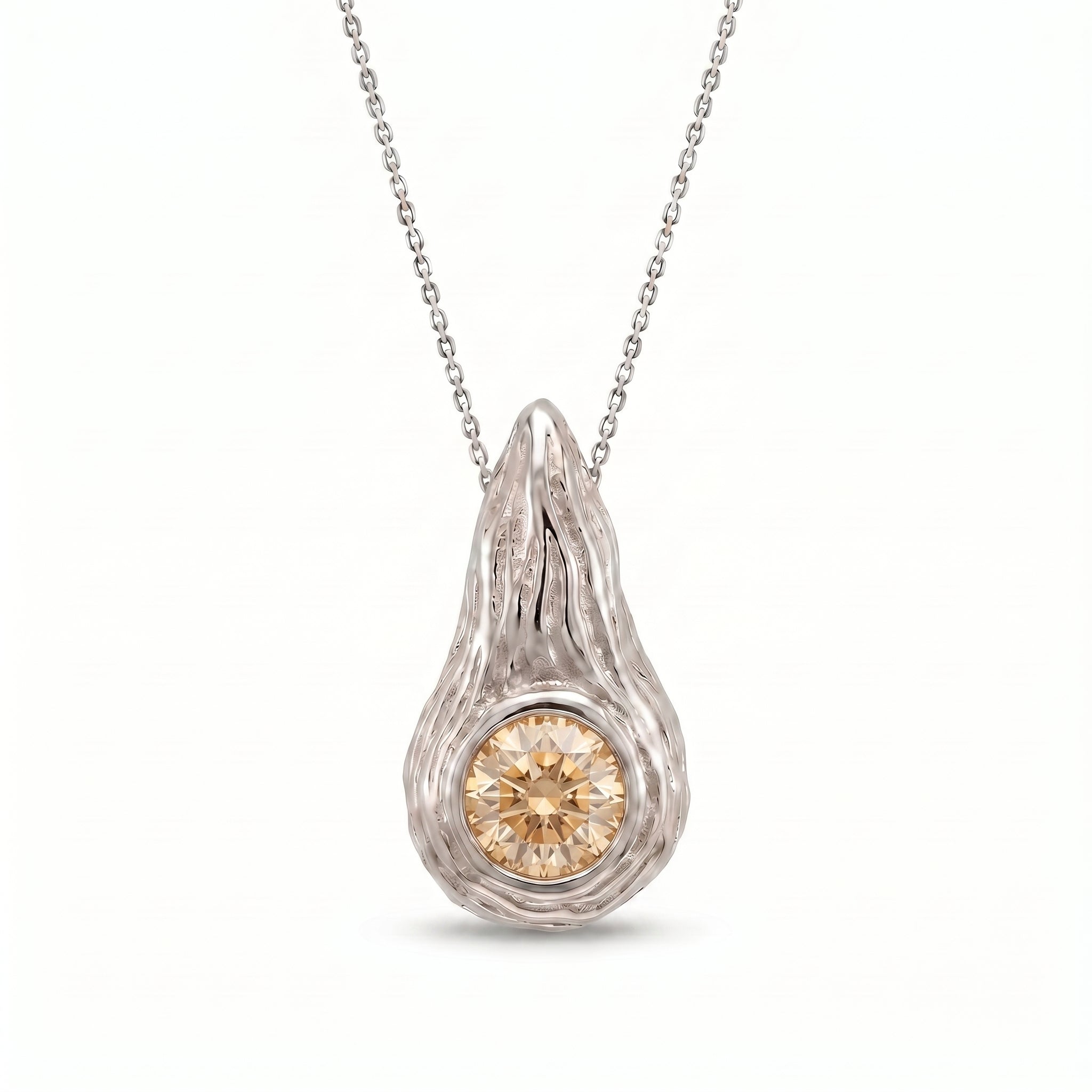 Champagne diamond Ember pendant in 14K white gold, bezel-set flame pendant