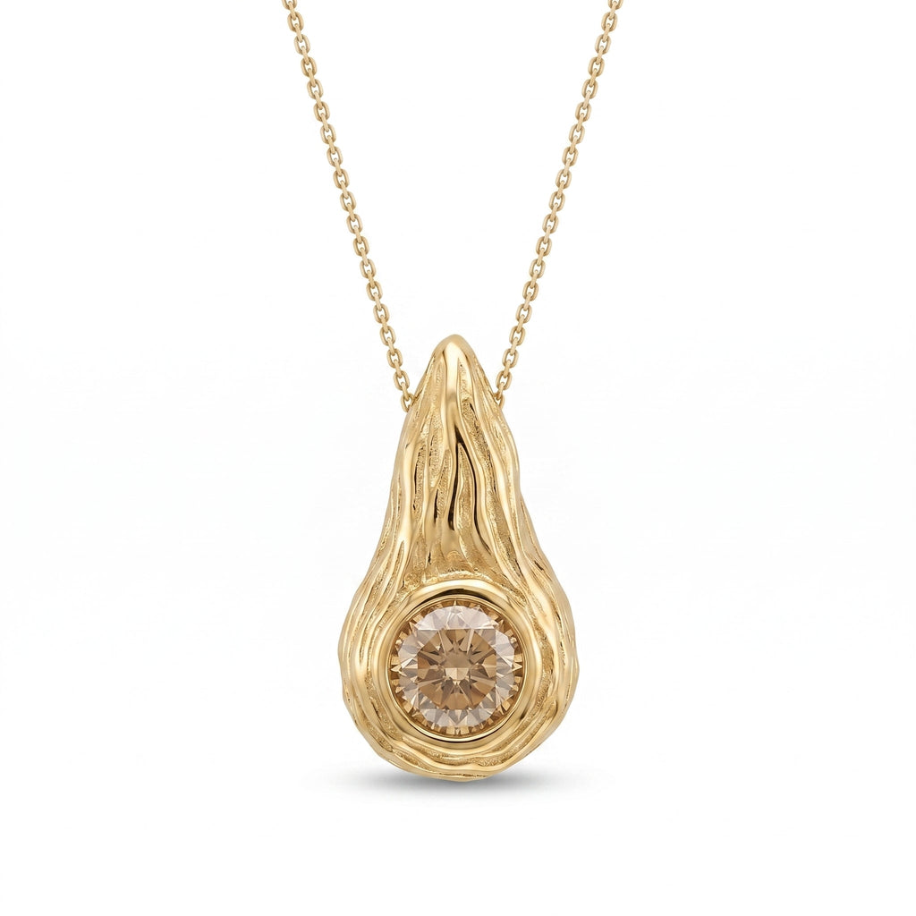 Champagne diamond Ember pendant in 14K yellow gold, hand-carved flame bezel