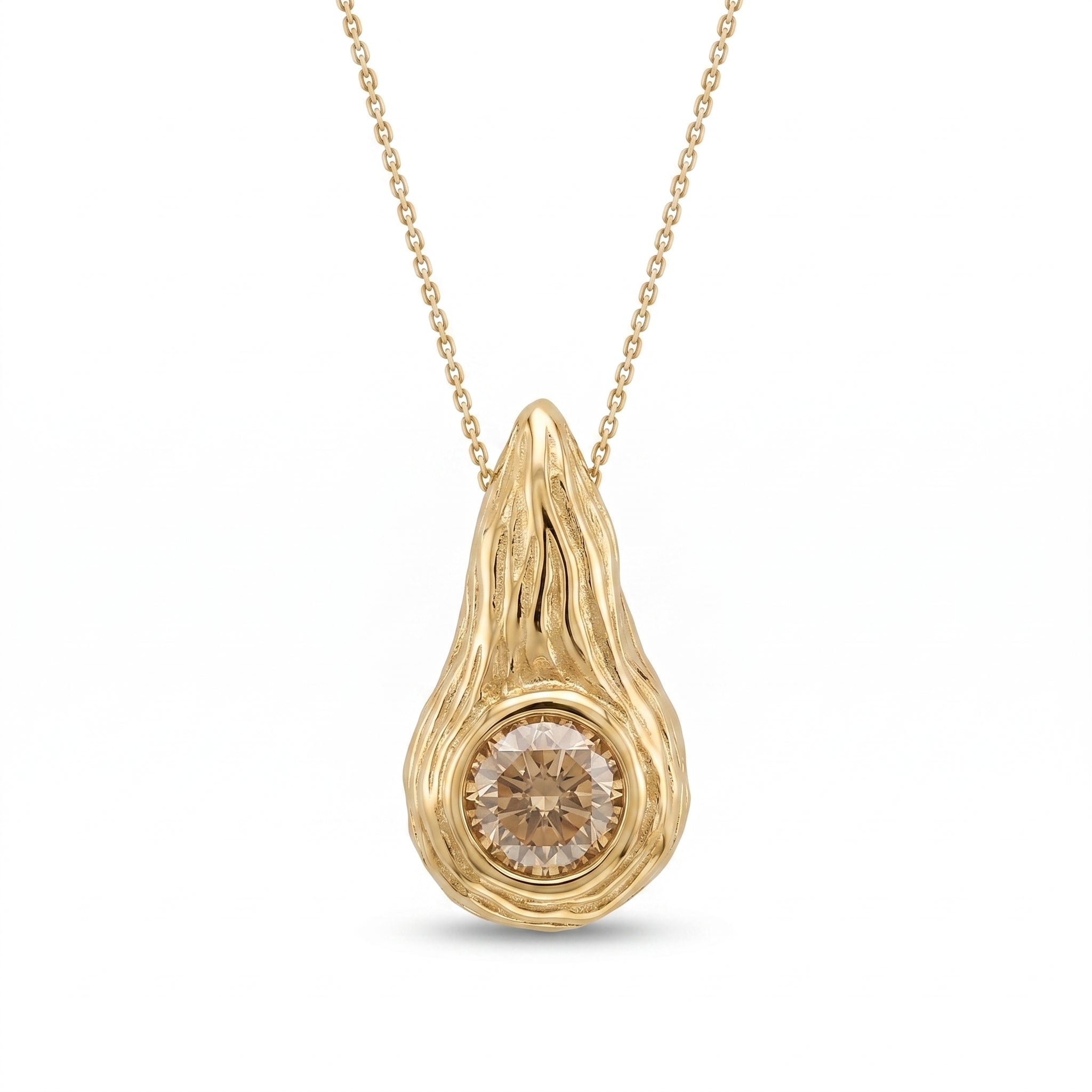 Champagne diamond Ember pendant in 14K yellow gold, hand-carved flame bezel