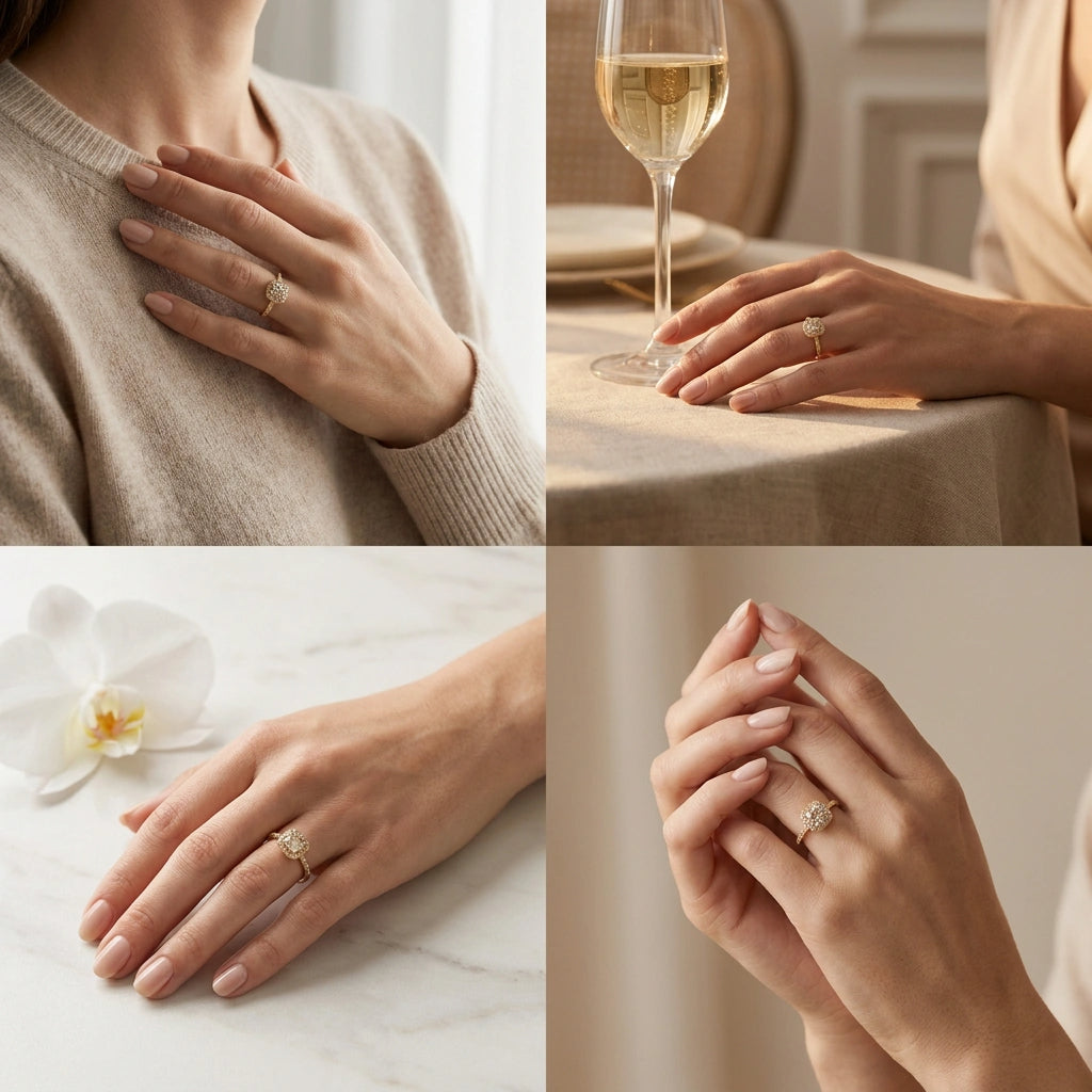 Champagne diamond halo engagement ring worn on hand in four everyday settings