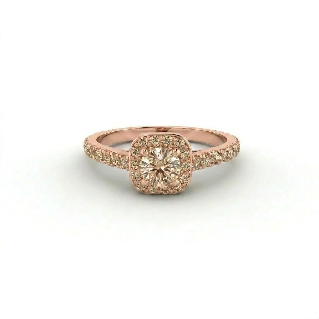 Natural champagne diamond halo engagement ring in 14K rose gold with cushion halo and pavé band