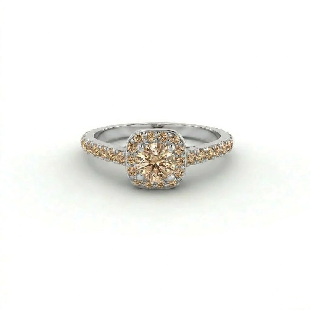 Natural champagne diamond halo engagement ring in 14K white gold with cushion halo and pavé band