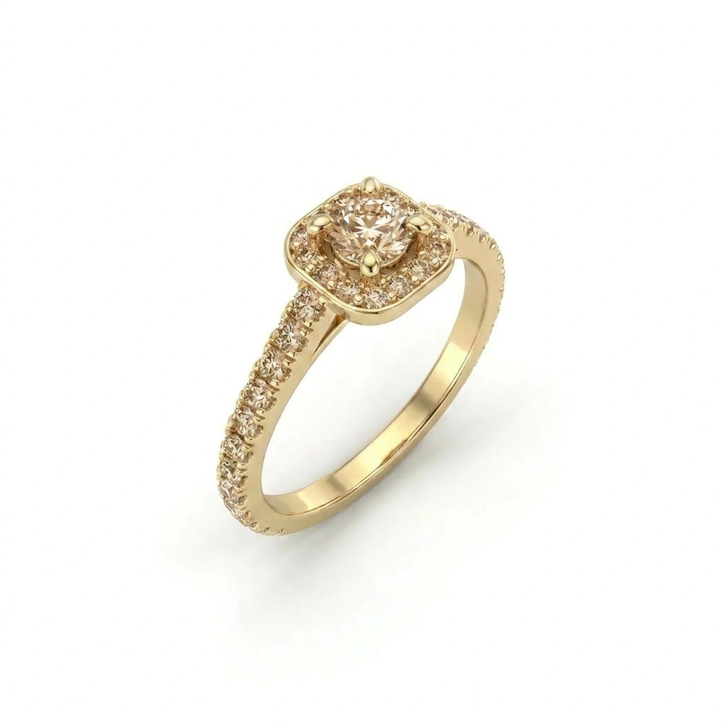 Natural champagne diamond halo engagement ring in 14K yellow gold, angled view