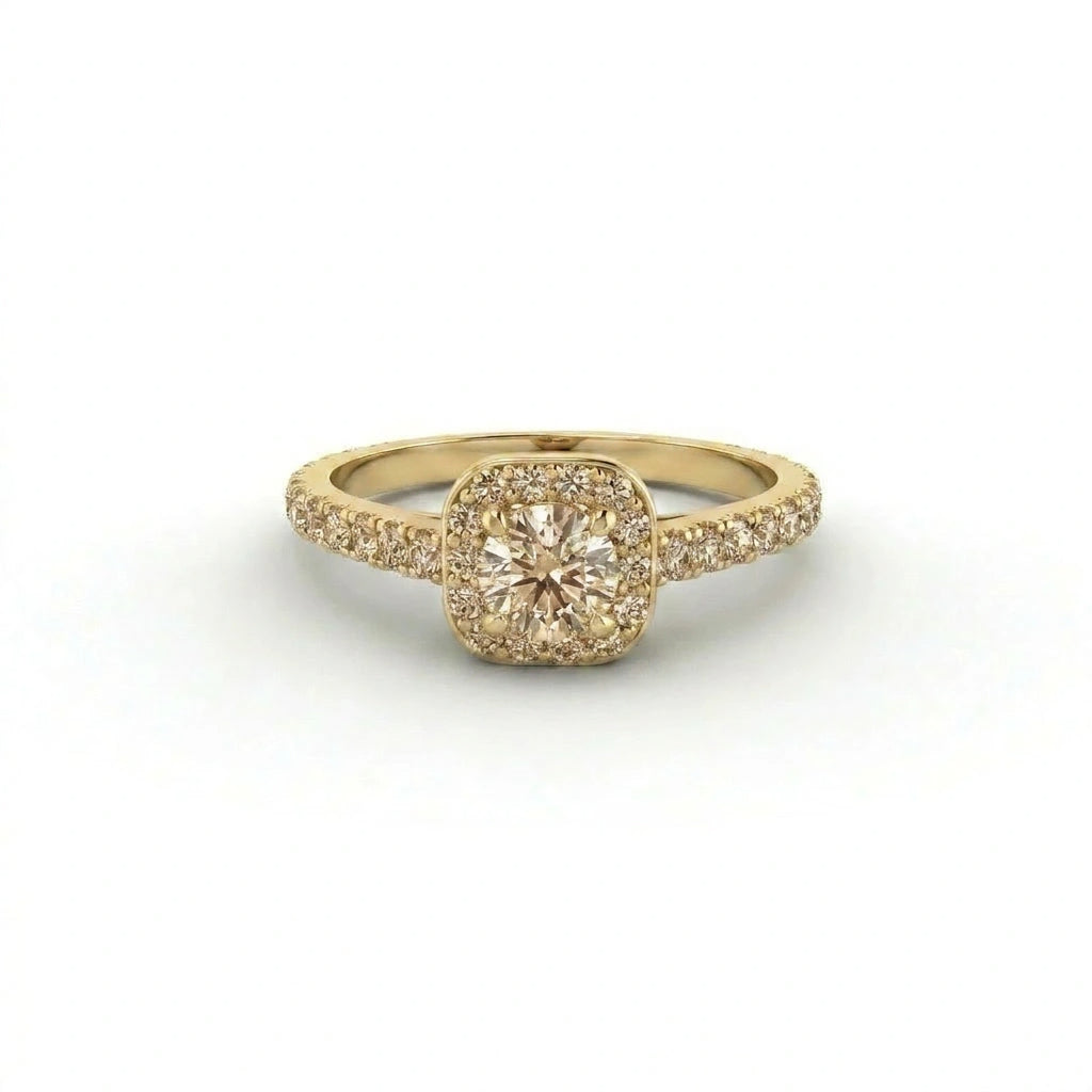 Natural champagne diamond halo engagement ring in 14K yellow gold with cushion halo and pavé band