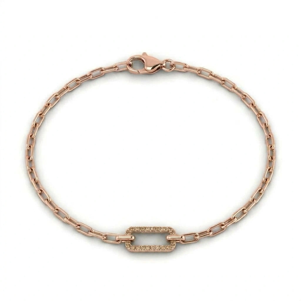 14K rose gold paperclip chain bracelet with a pavé natural champagne diamond center link