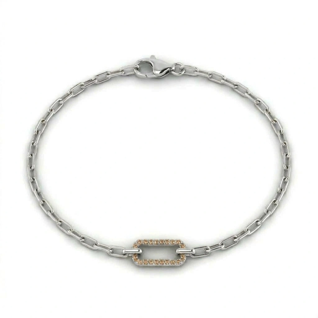 14K white gold paperclip chain bracelet with a pavé natural champagne diamond link