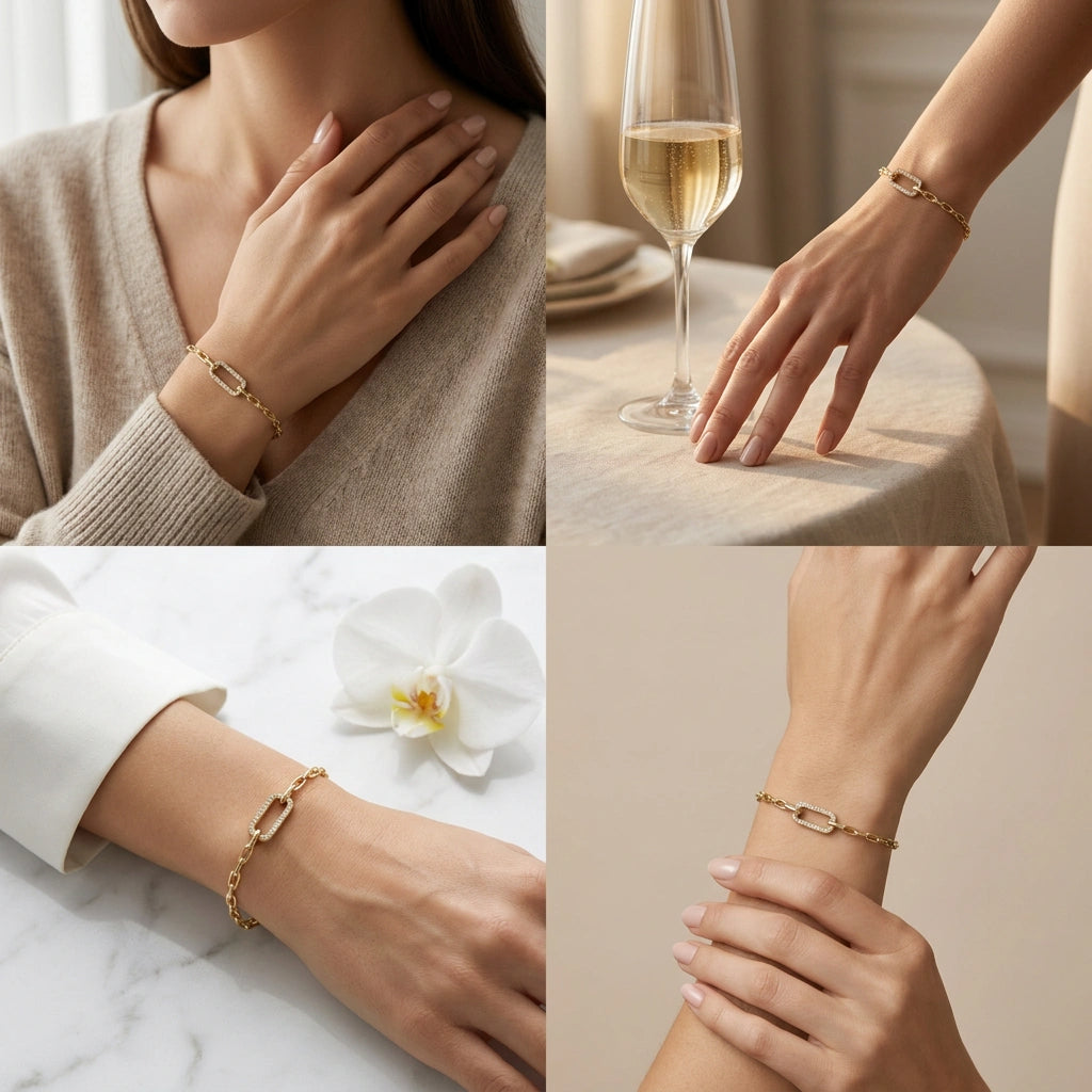 14K yellow gold champagne diamond paperclip bracelet styled on the wrist in four everyday looks