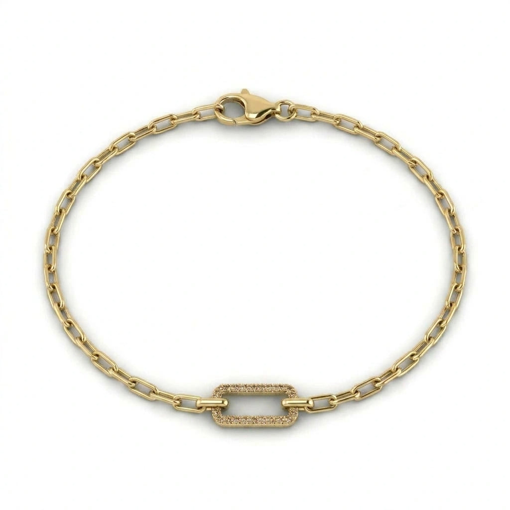 14K yellow gold paperclip chain bracelet with a pavé natural champagne diamond link