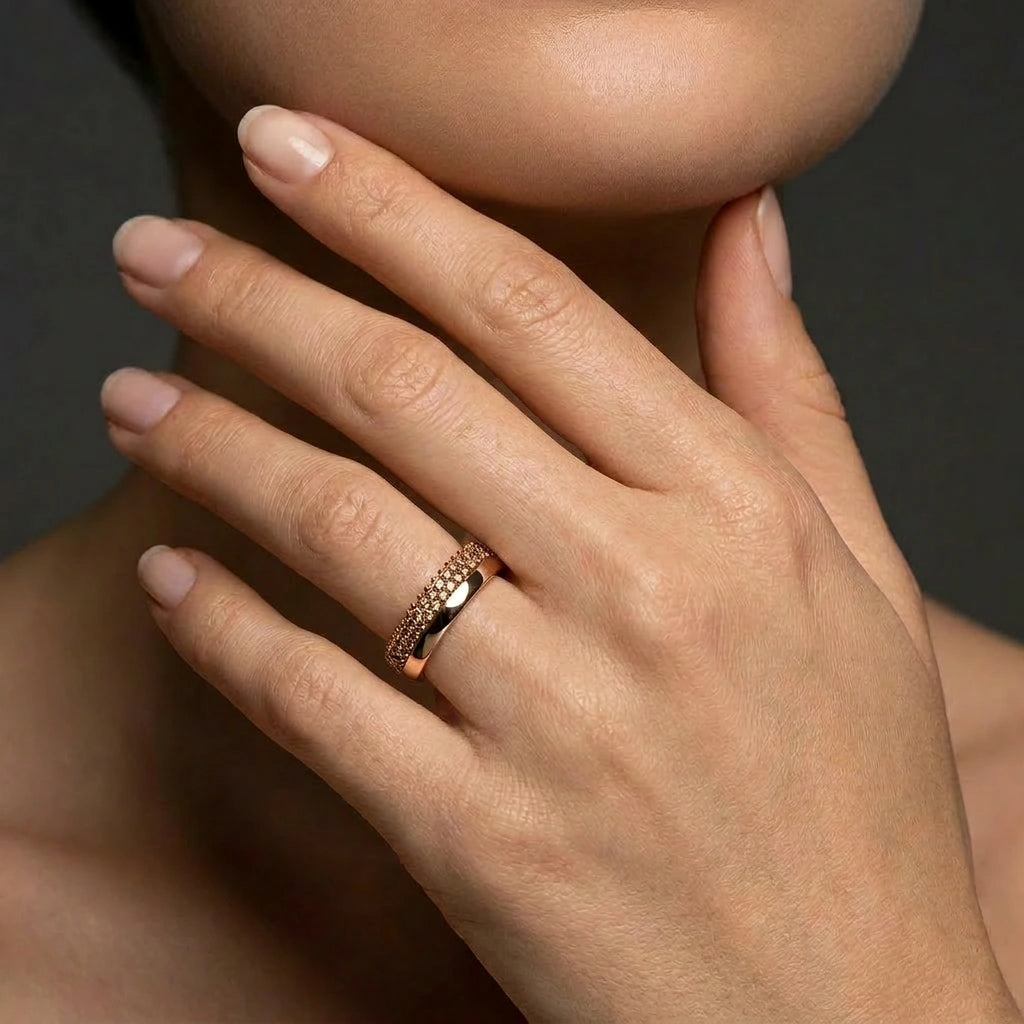 Natural champagne diamond pavé band in 14K brown gold worn on the hand — Black Pearl of Queens
