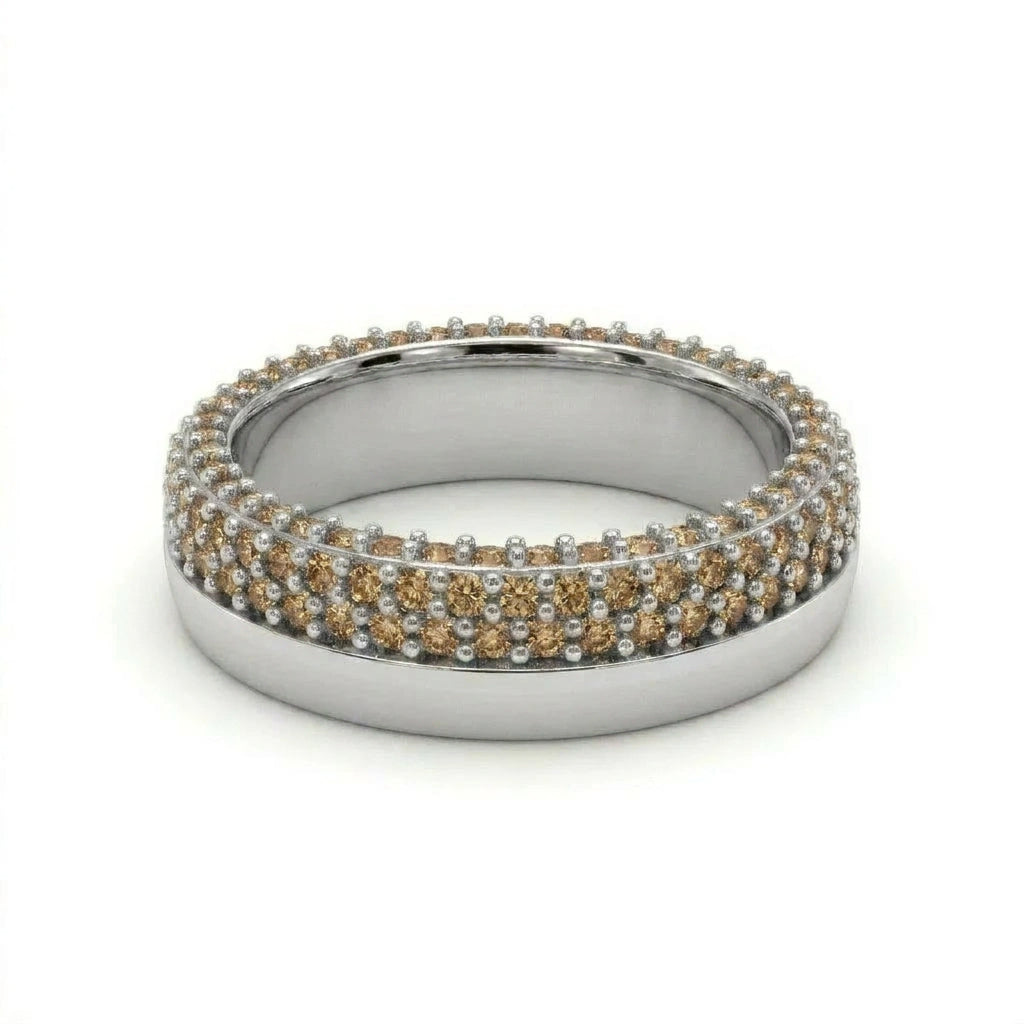Natural champagne diamond pavé band in 14K white gold, front view — Black Pearl of Queens
