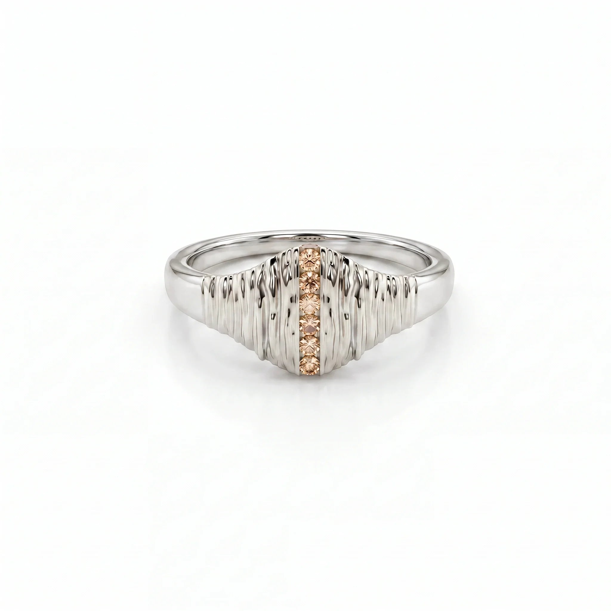 Champagne diamond ribbed signet ring in 14K white gold, front product view on white background