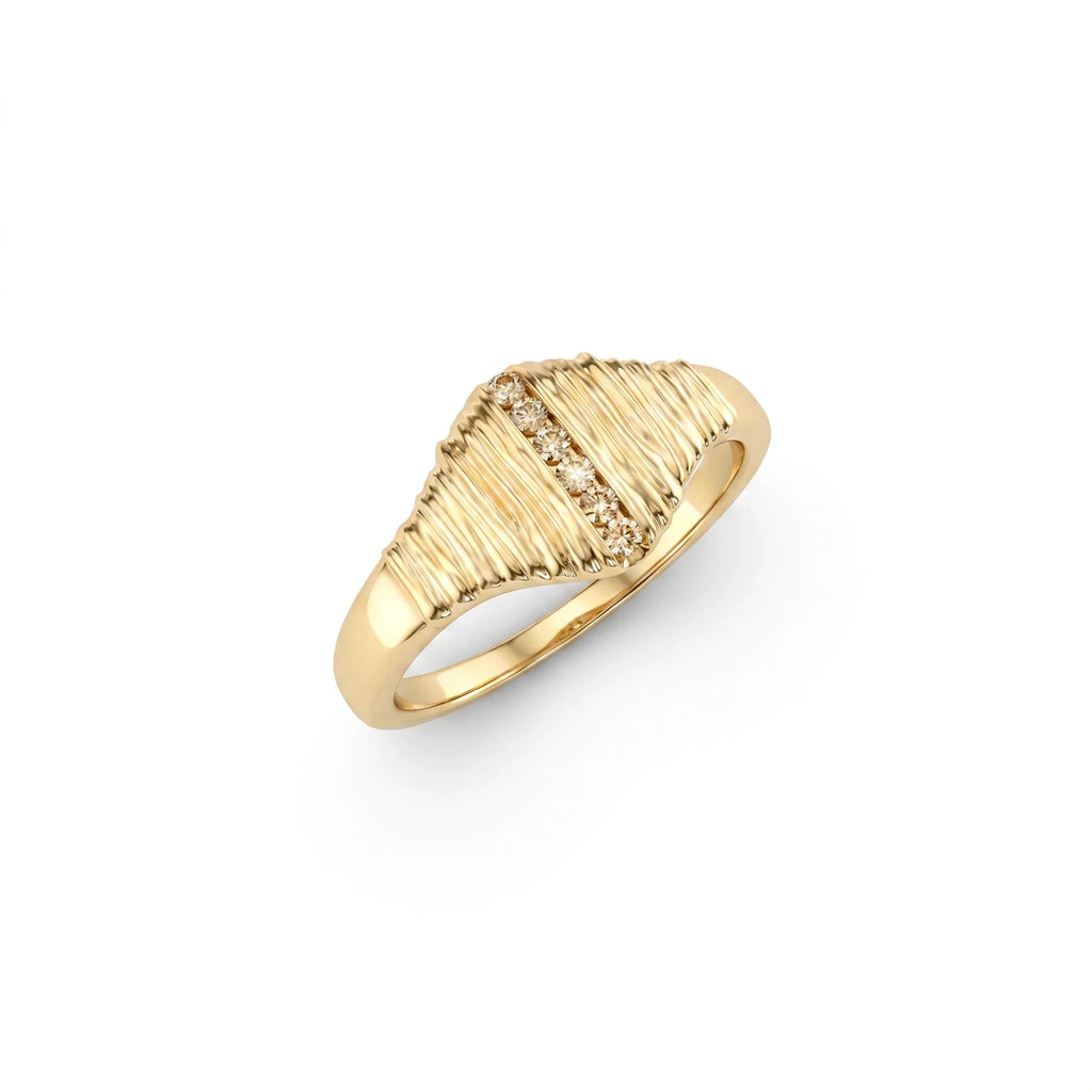 Champagne diamond ribbed signet ring in 14K yellow gold, angled product view on white background