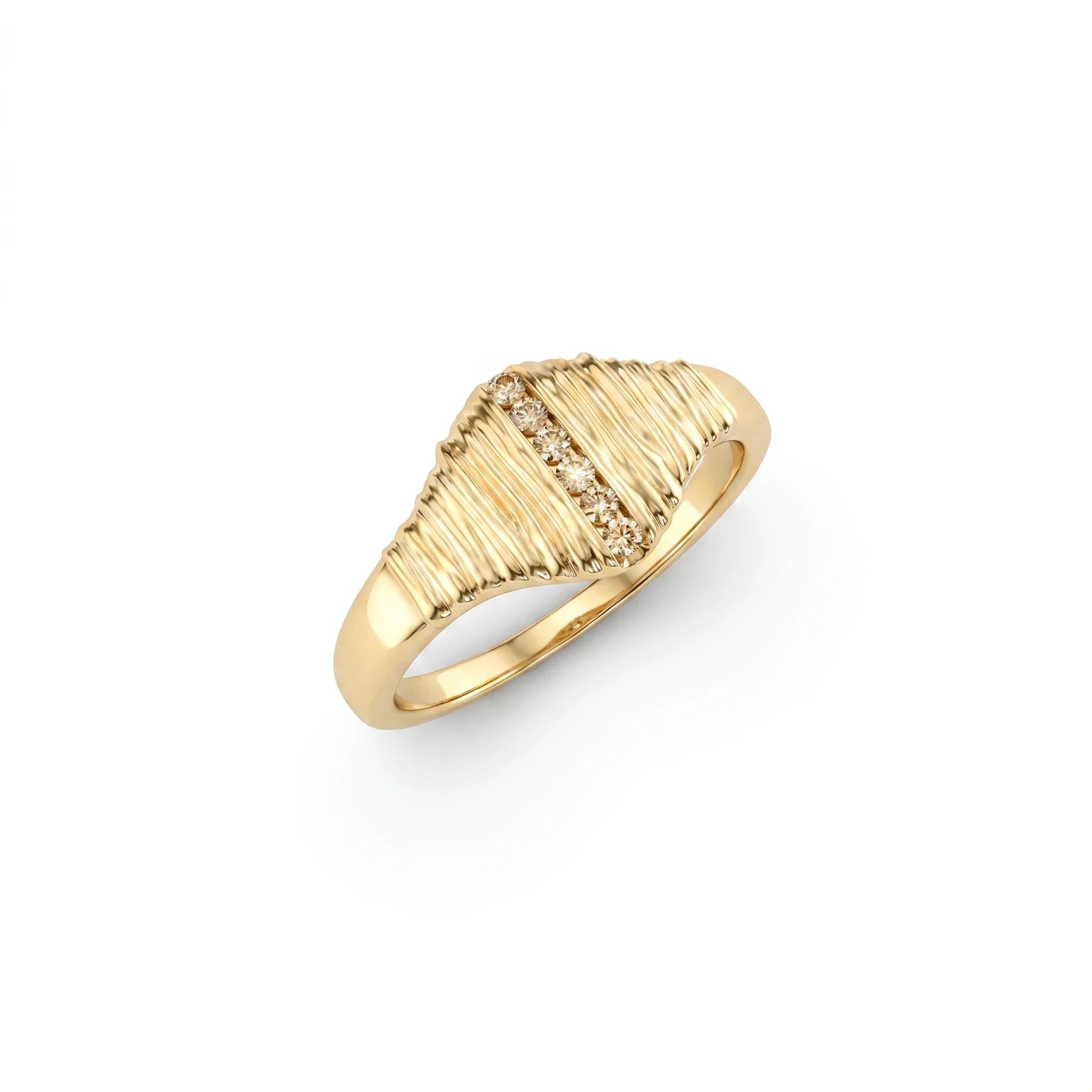 Champagne diamond ribbed signet ring in 14K yellow gold, angled product view on white background