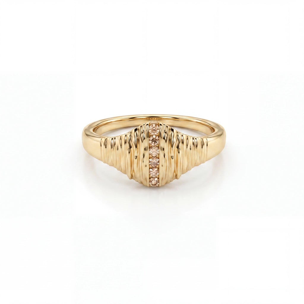 Champagne diamond ribbed signet ring in 14K yellow gold, front product view on white background