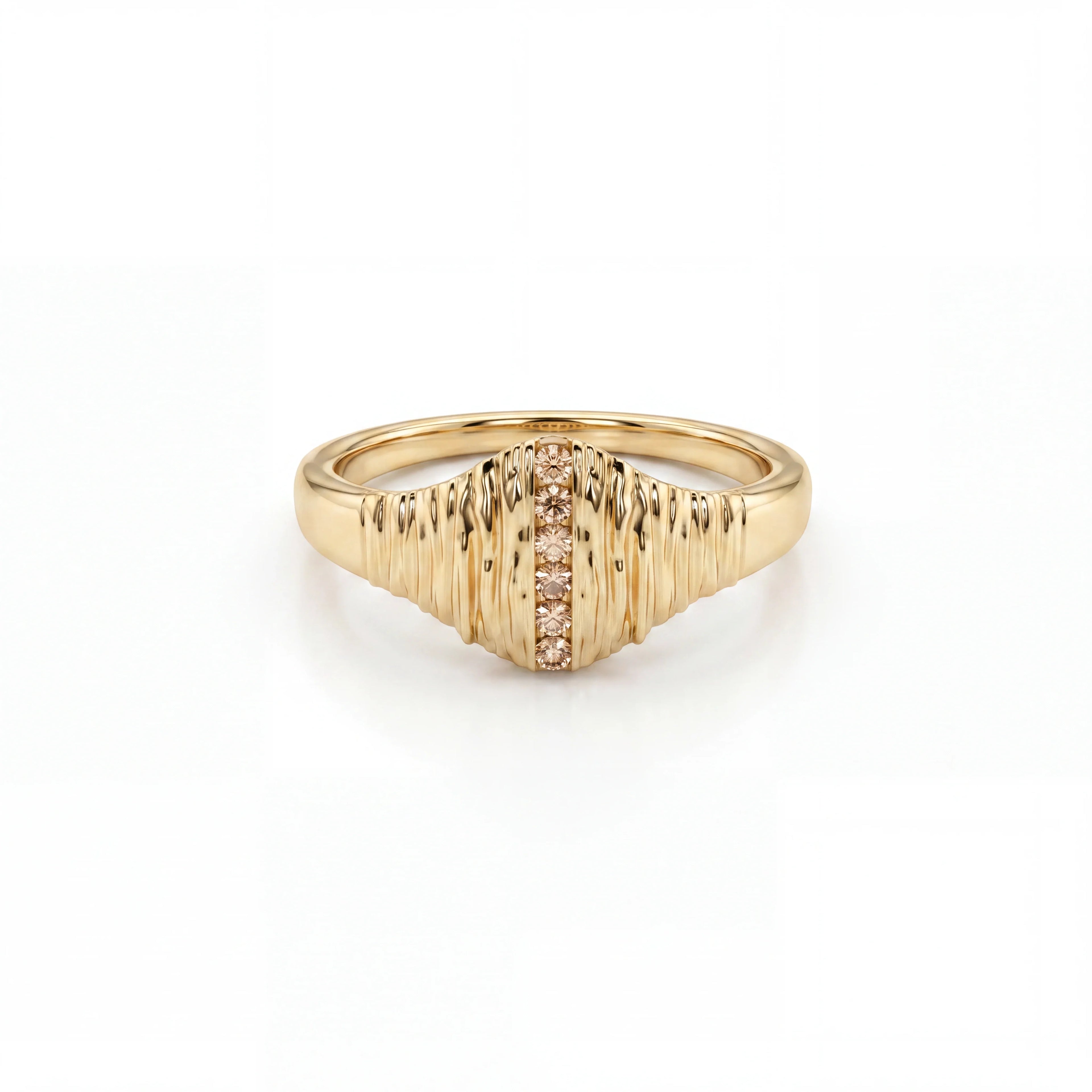 Champagne diamond ribbed signet ring in 14K yellow gold, front product view on white background