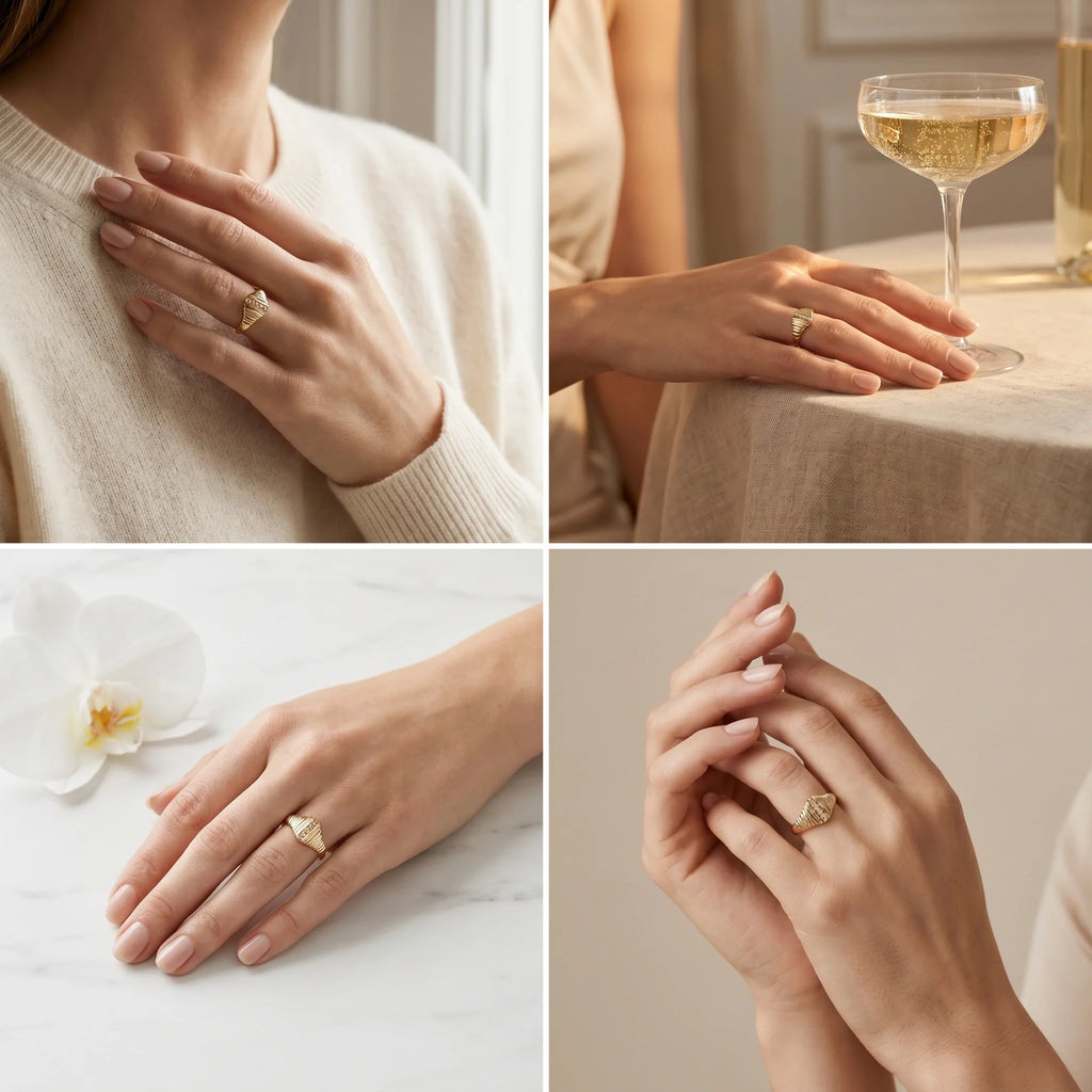 Champagne diamond ribbed signet ring in 14K yellow gold, four lifestyle scenes showing everyday wear