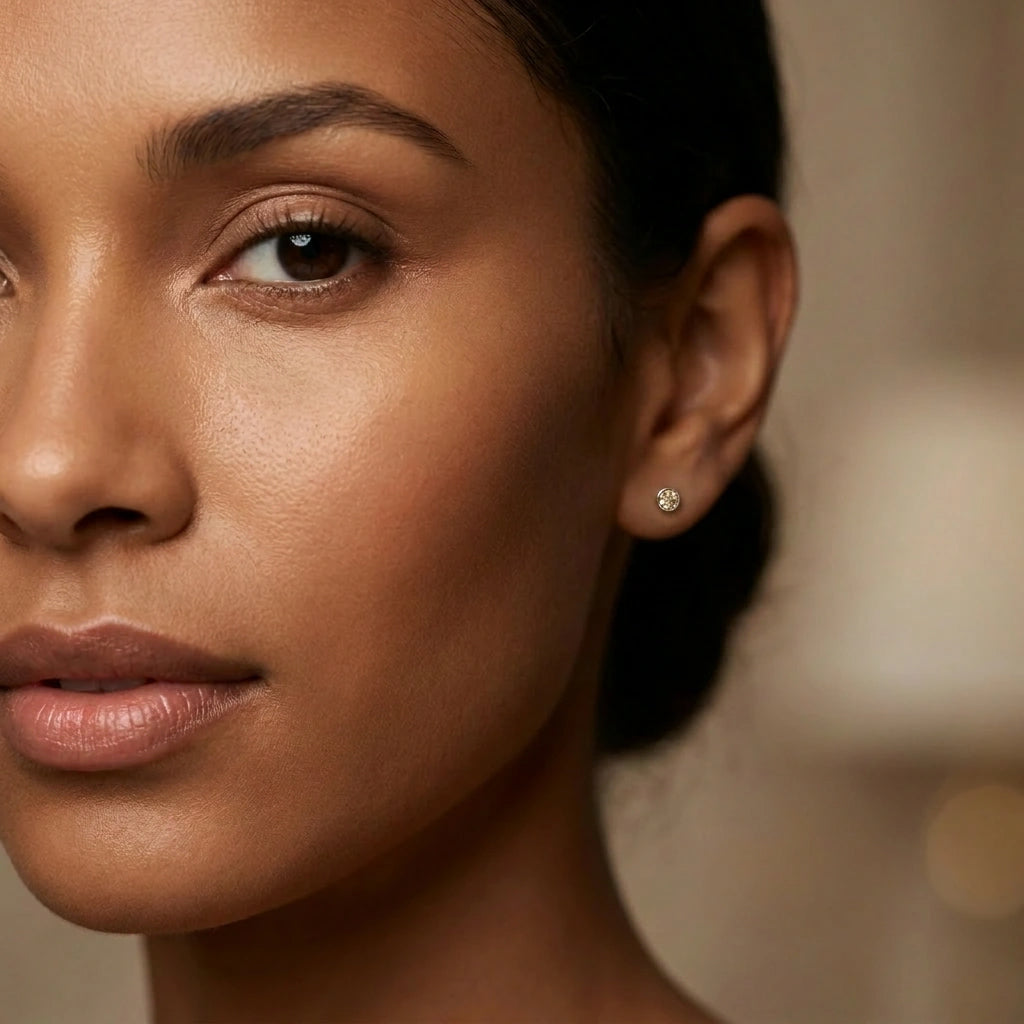 Champagne diamond bezel stud earrings in 14K yellow gold worn on model — portrait lifestyle view