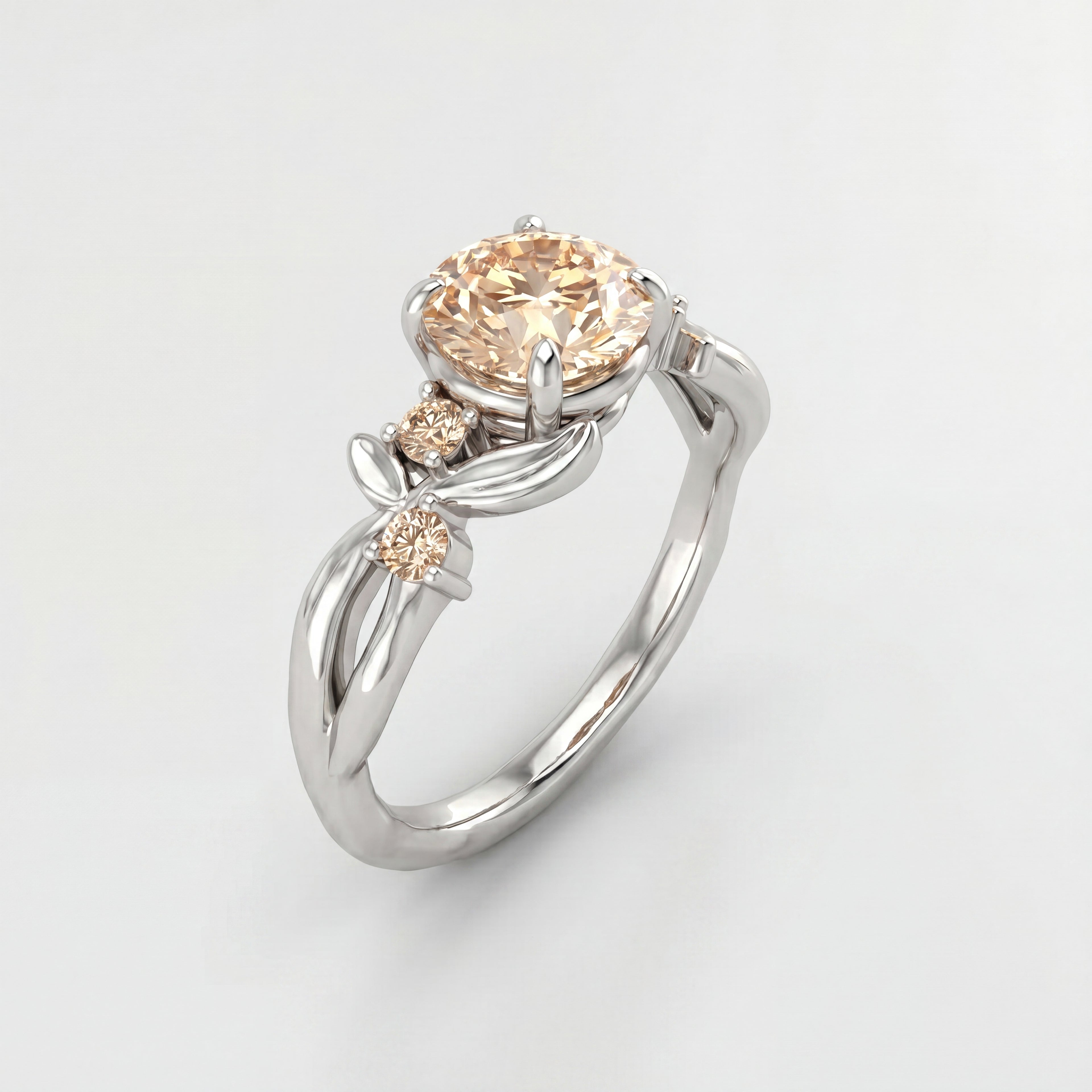Champagne diamond vine engagement ring in 14K white gold, angled view showing leaf detail and champagne diamond shoulder accents — Black Pearl of Queens
