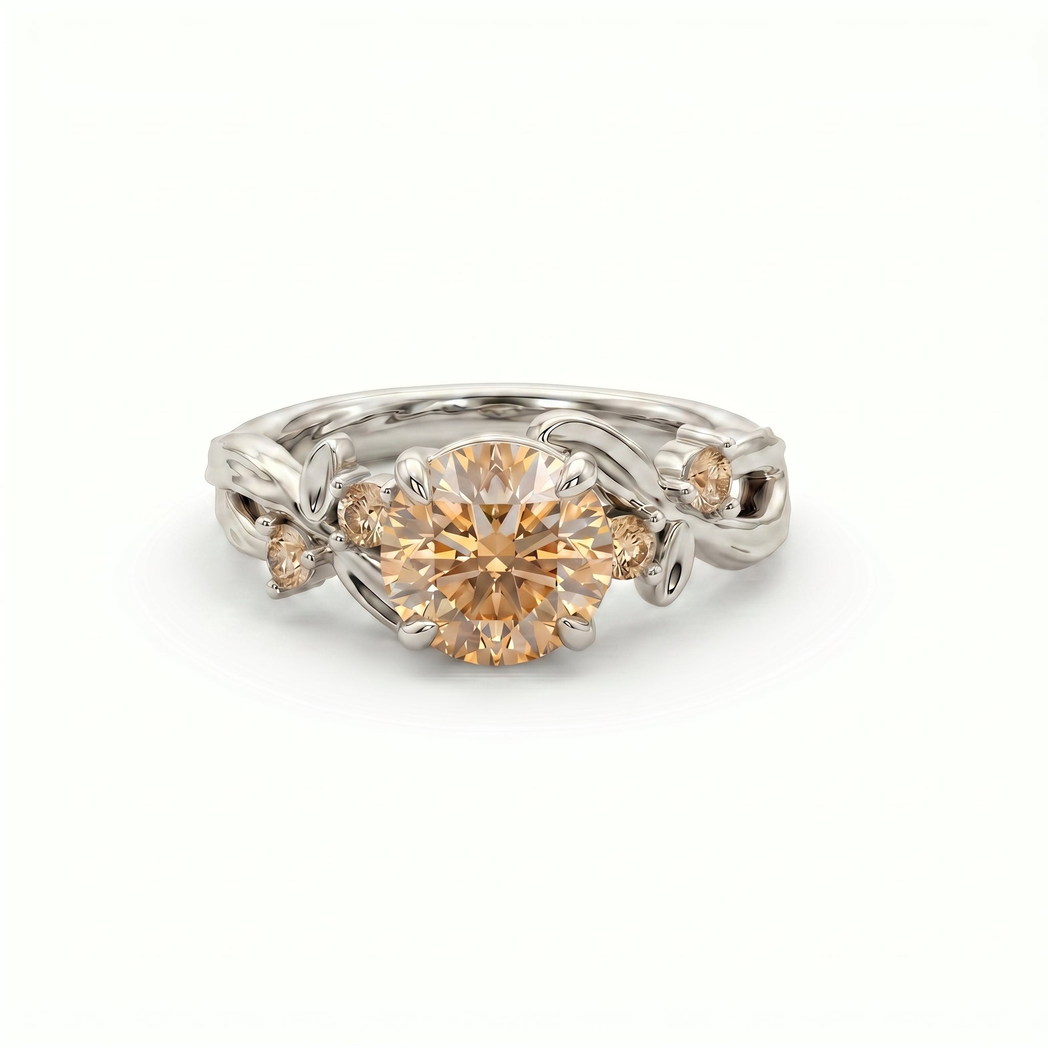 Champagne diamond vine engagement ring in 14K white gold, front view showing 1ct natural champagne diamond center in sculpted leaf setting — Black Pearl of Queens