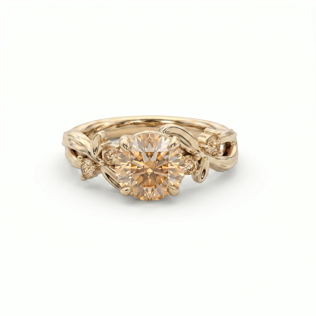 Champagne diamond vine engagement ring in 14K yellow gold, front view showing warm champagne center stone and gold leaf band — Black Pearl of Queens