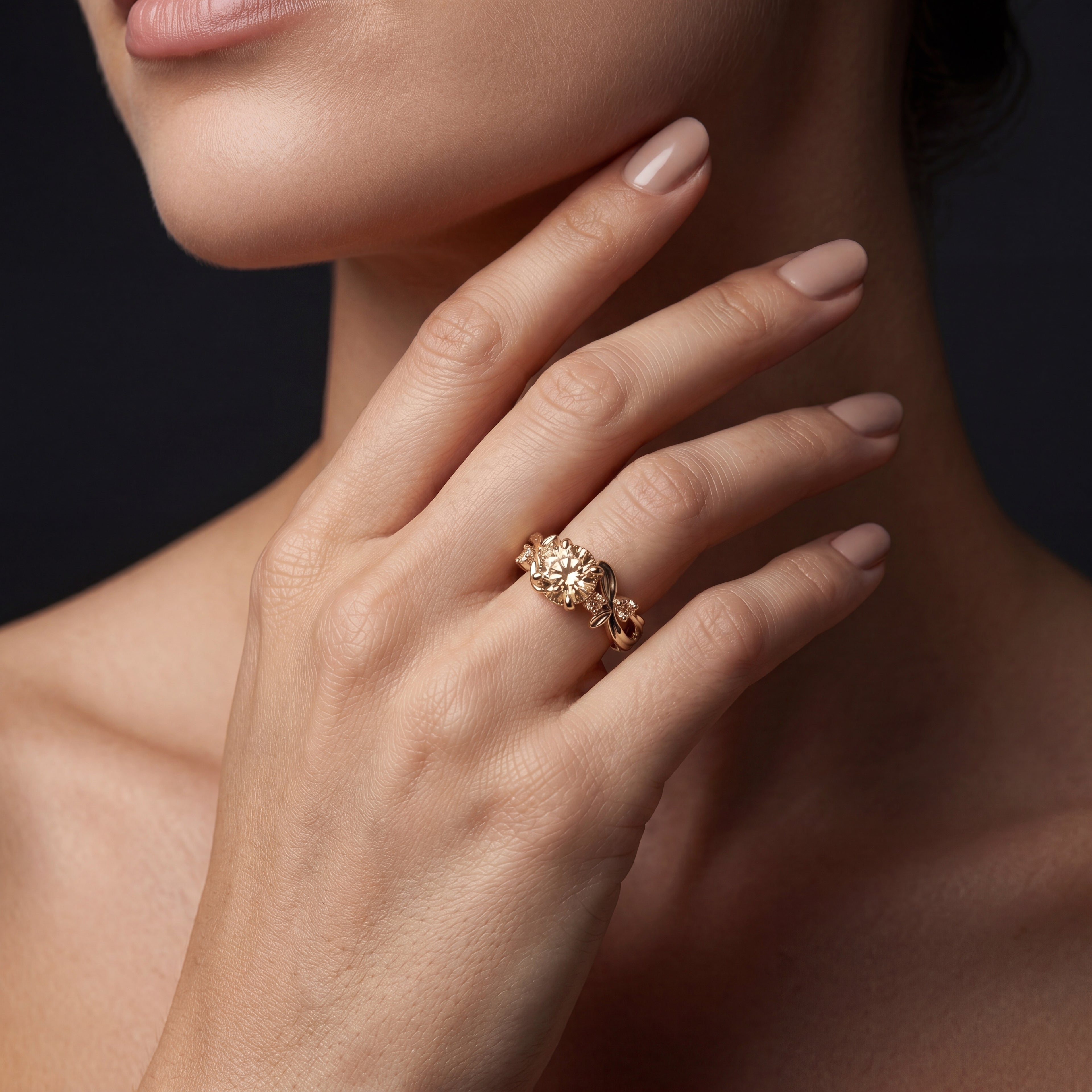 Model wearing champagne diamond vine engagement ring in 14K rose gold, showing sculpted vine band with natural champagne diamond accents — Black Pearl of Queens