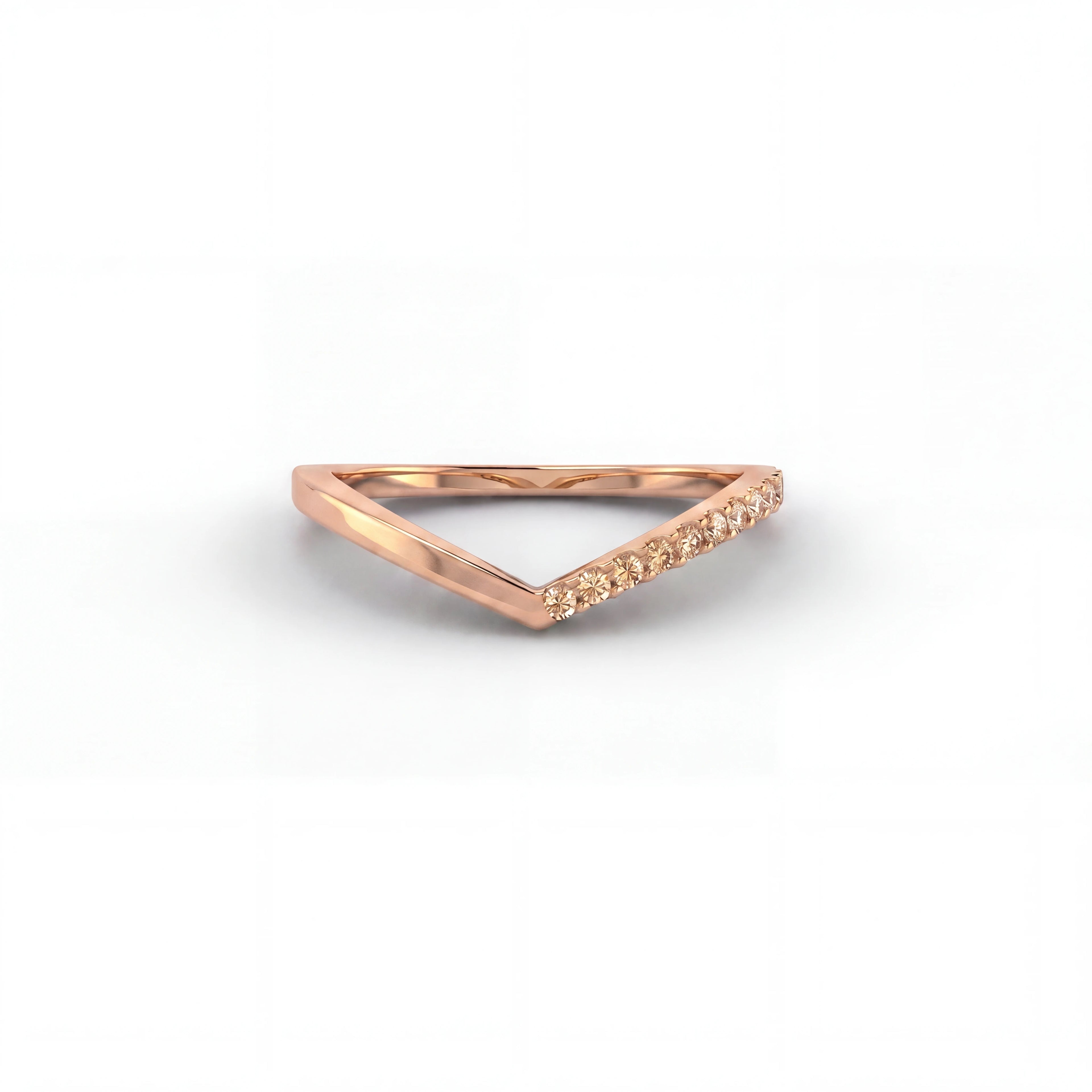 Champagne diamond wishbone ring in 14K rose gold, front view — Brownstone Collection, Black Pearl of Queens