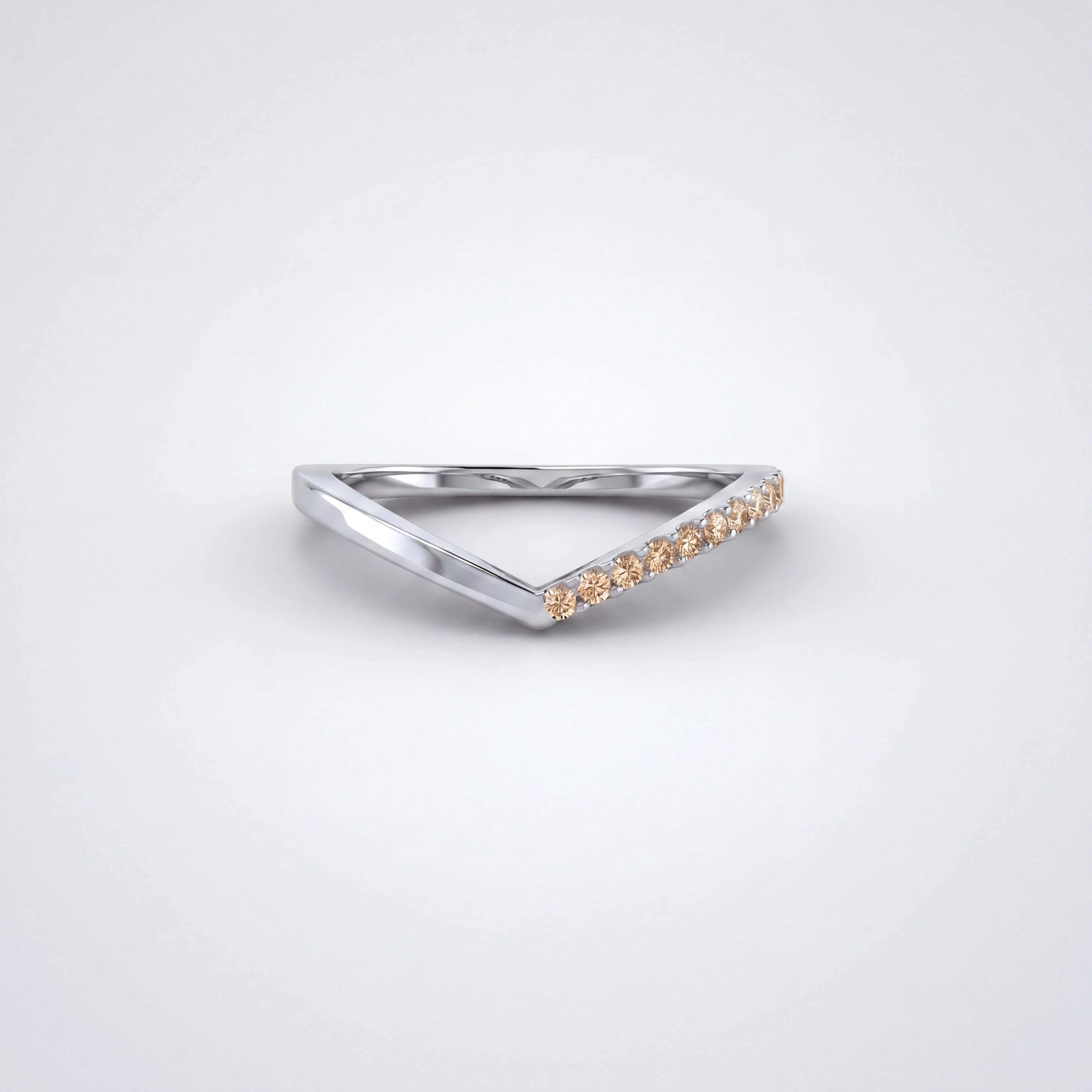 Champagne diamond wishbone ring in 14K white gold, front view — Brownstone Collection, Black Pearl of Queens