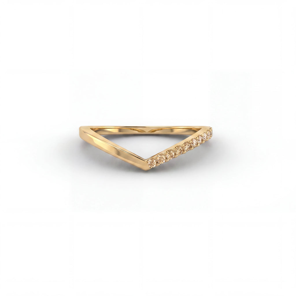 Champagne diamond wishbone ring in 14K yellow gold, front view — Brownstone Collection, Black Pearl of Queens