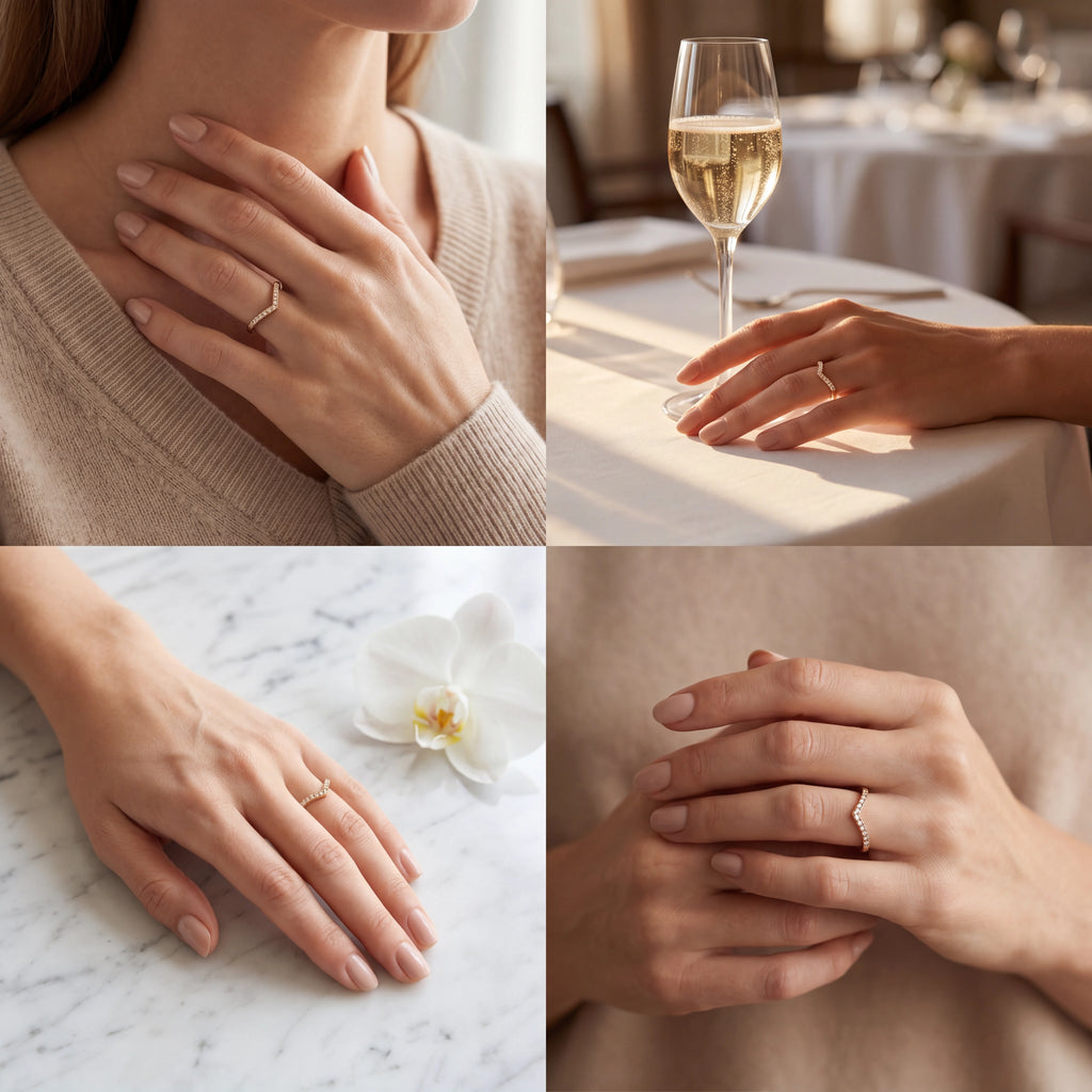Champagne diamond wishbone ring shown in four lifestyle settings in 14K rose gold — Brownstone Collection, Black Pearl of Queens