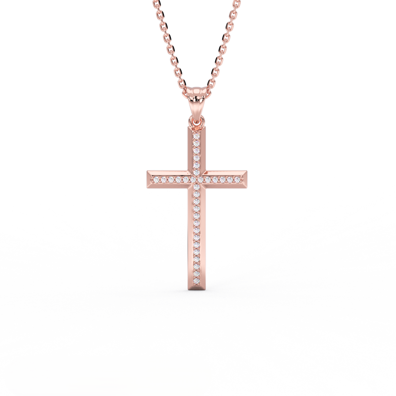 Channel-set diamond cross pendant in 14K rose gold - elegant flush-set diamond cross necklace