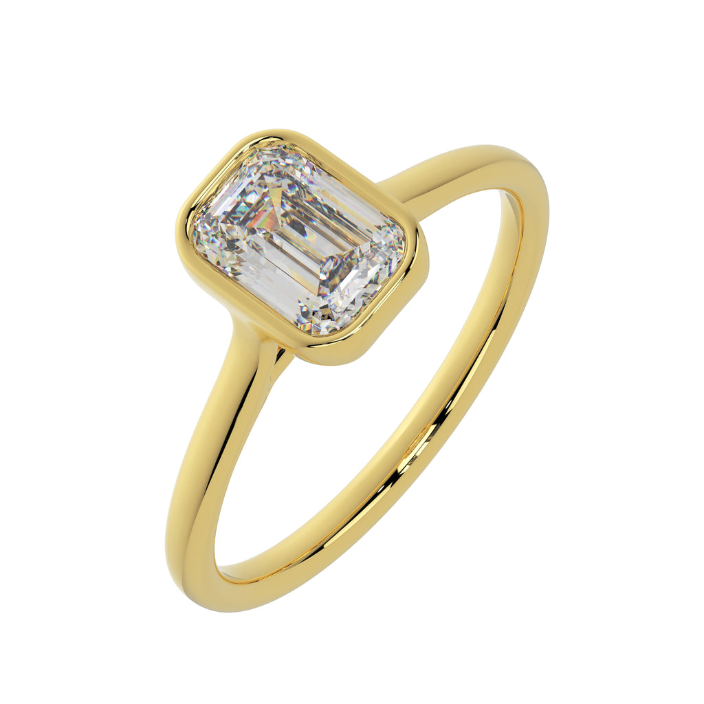 emerald cut bezel engagement ring 1ct yellow gold angled view