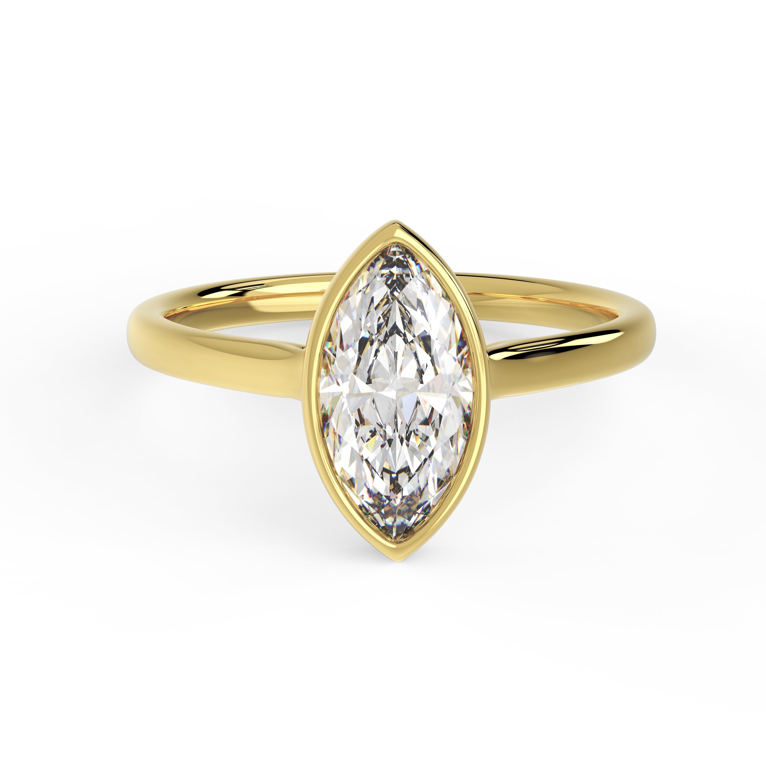 1ct marquise bezel engagement ring in 14k yellow gold front view