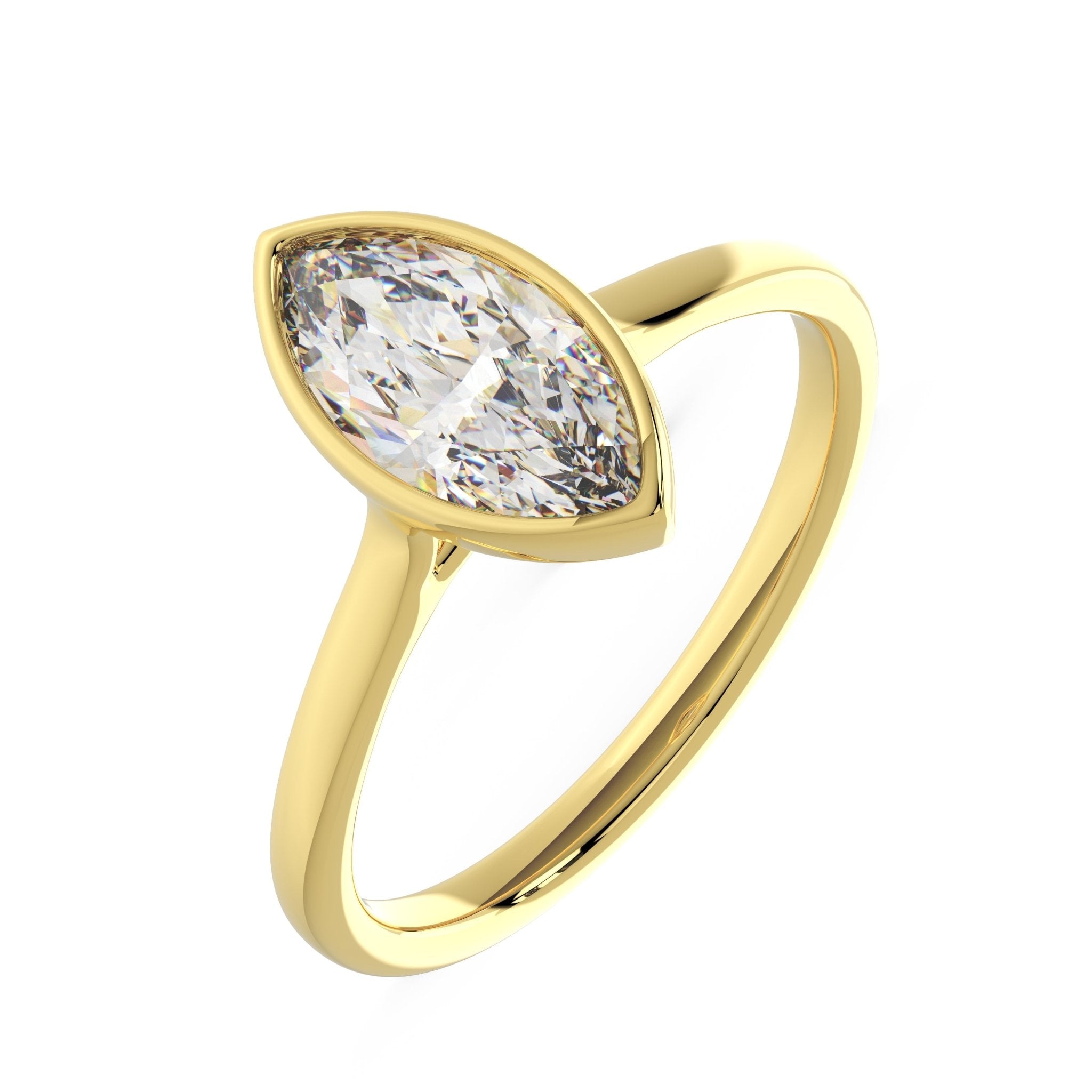 marquise cut bezel engagement ring 1ct yellow gold angled view