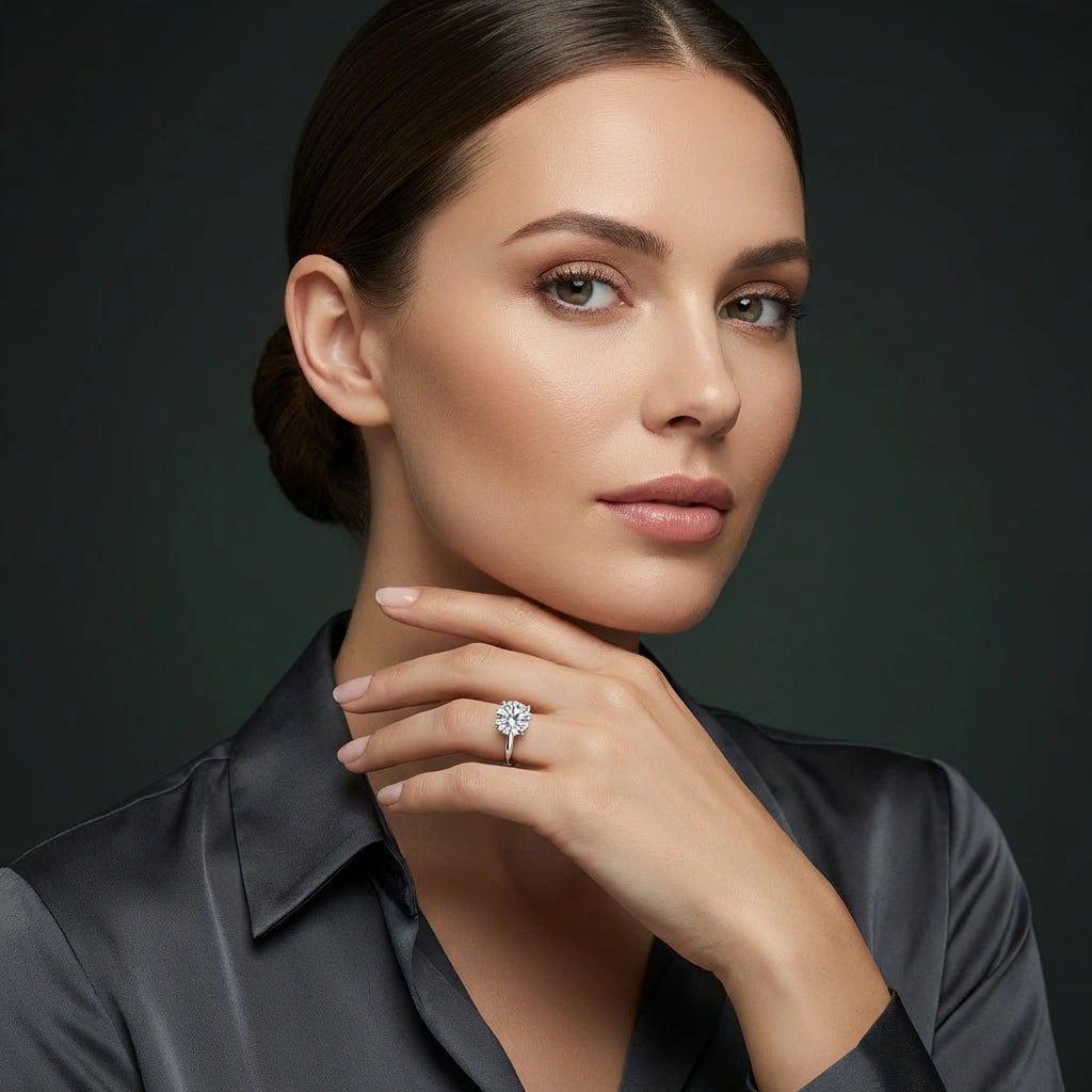 Woman wearing 1.5ct classic round diamond solitaire engagement ring - elegant portrait lifestyle photo