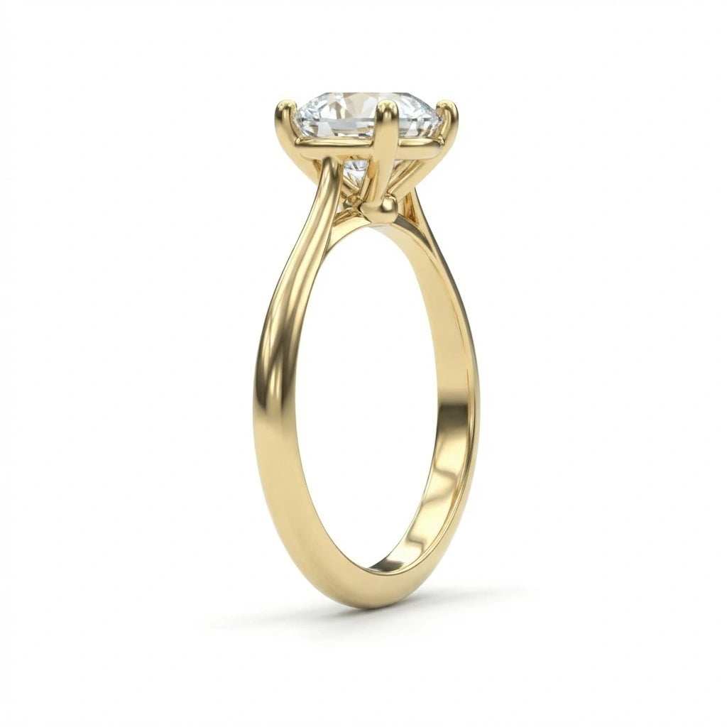 1.5ct classic round diamond solitaire engagement ring side view in 14K yellow gold - showing prong setting