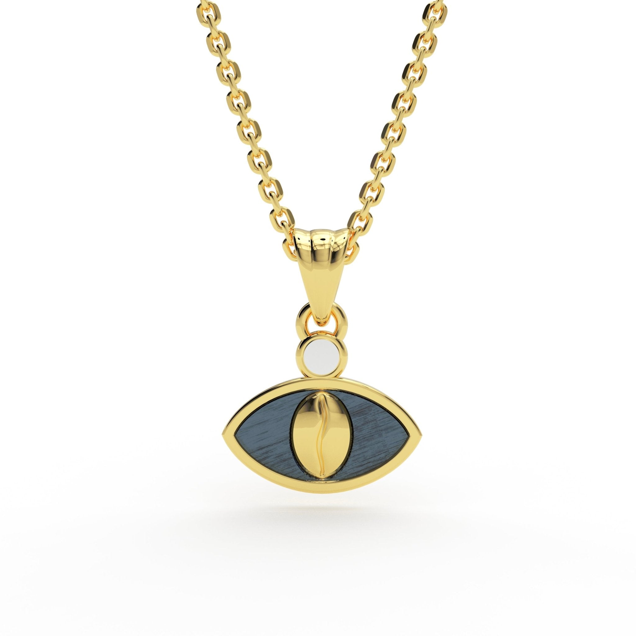 14K gold Coffee Bean Eye Pendant with chain — elegant minimalist jewelry symbolizing protection and good fortune.